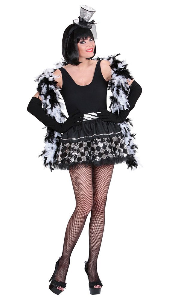 Karneval-Klamotten Kostüm Damen Glitzer Pierrot Clown Rock silber schwarz, Damenkostüm Clownrock silber schwarz Pailletten Schachbrett Rock