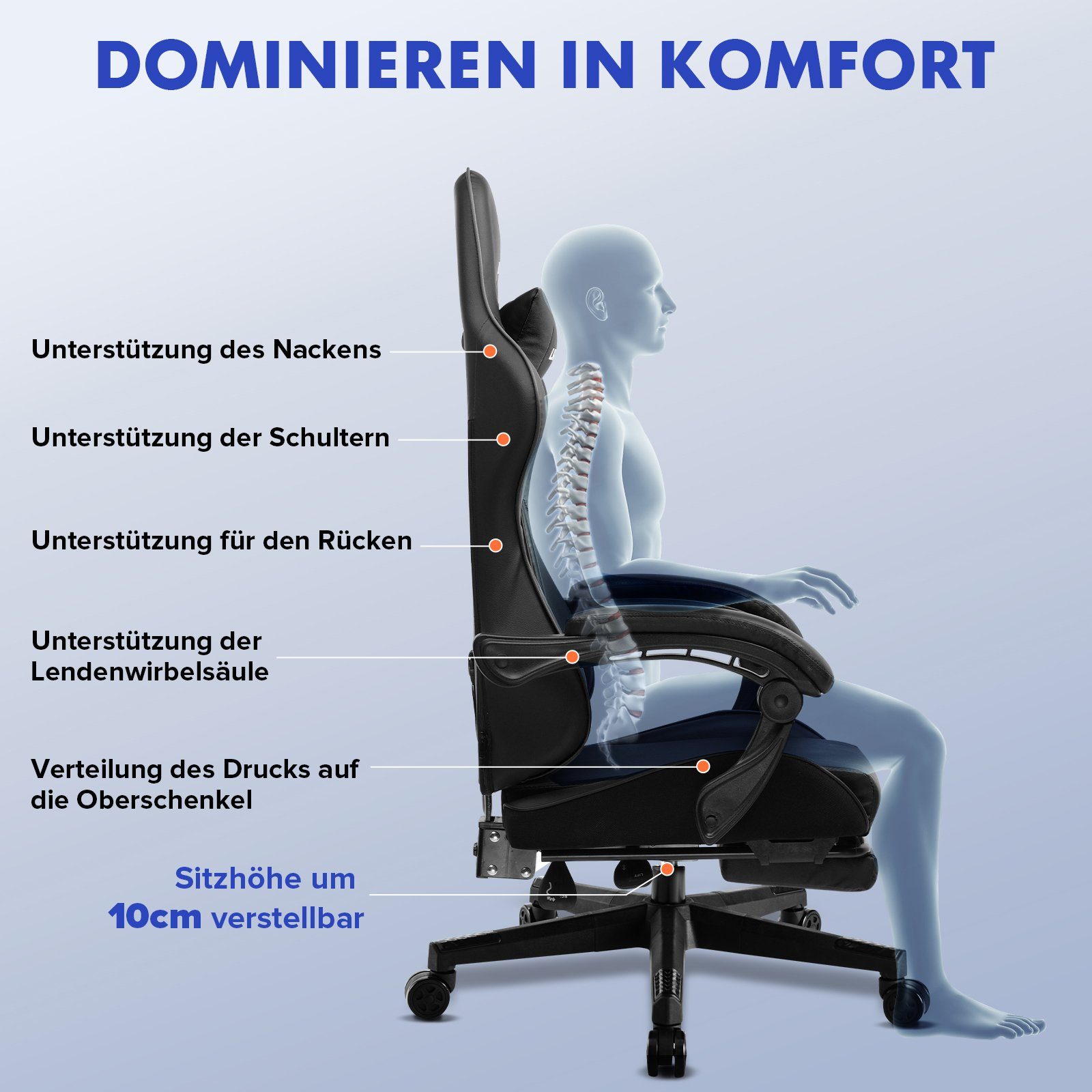 LUCKRACER Gaming-Stuhl Gaming Chair Bürostuhl Ergonomisch mit Lendenkissen Kopfkissen, Höhenverstellbarer Gamer Stuhl 150kg Belastbar – Bild 4 von 5