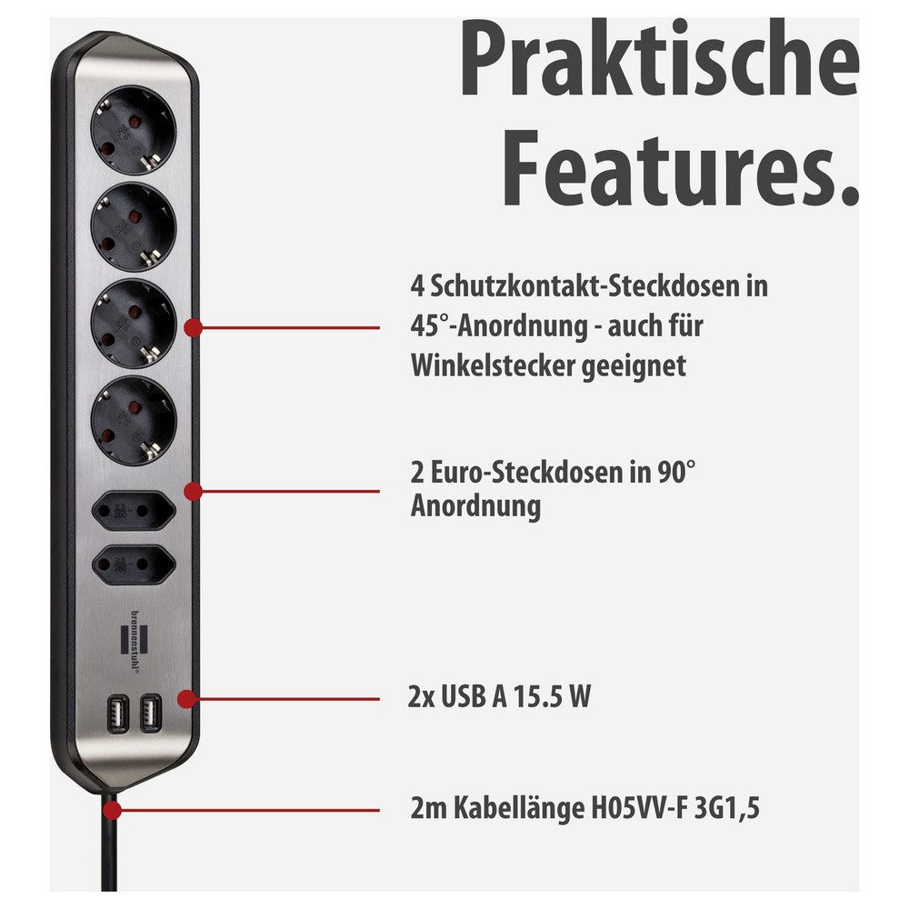 Brennenstuhl Ecksteckdosenleiste 6-fach mit USB 1153590610 Steckdosenleiste, mit USB, erhöhter Berührungsschutz – Bild 5 von 5