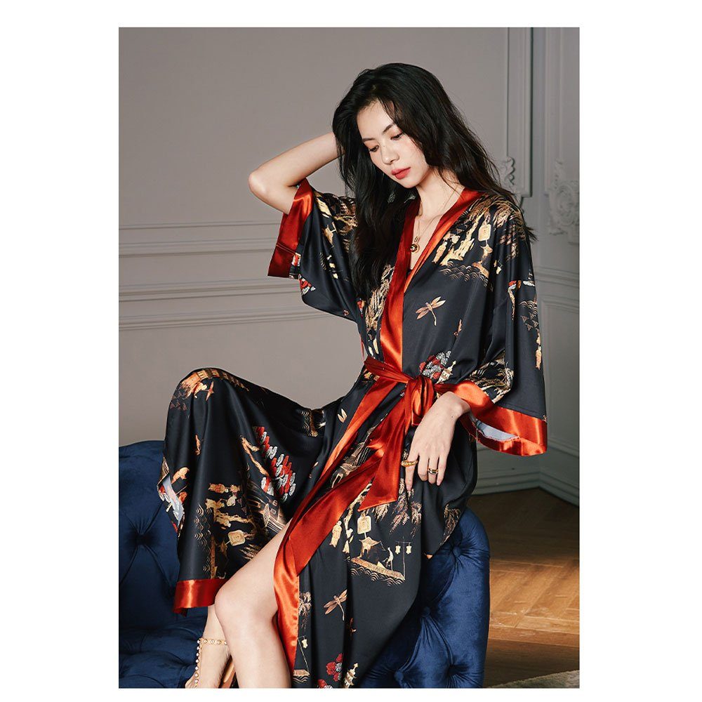 Vivi Idee Morgenmantel Bademantel Schlafmantel kimono lang leicht satin Sauna Einheitsgröße, Kimono-Kragen, Bindegürtel, Seidig – Bild 5 von 5