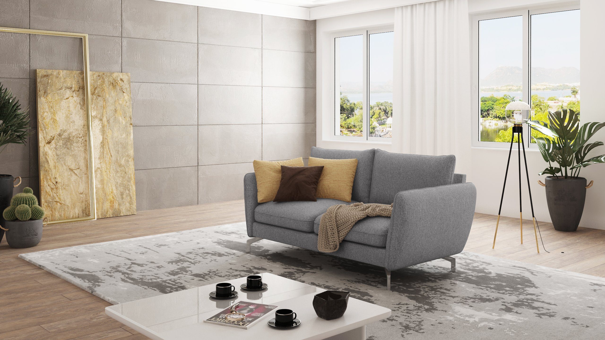 S-Style Möbel 2-Sitzer Modernes Sofa Benita mit Silber Metall Füßen, mit Wellenfederung Grau