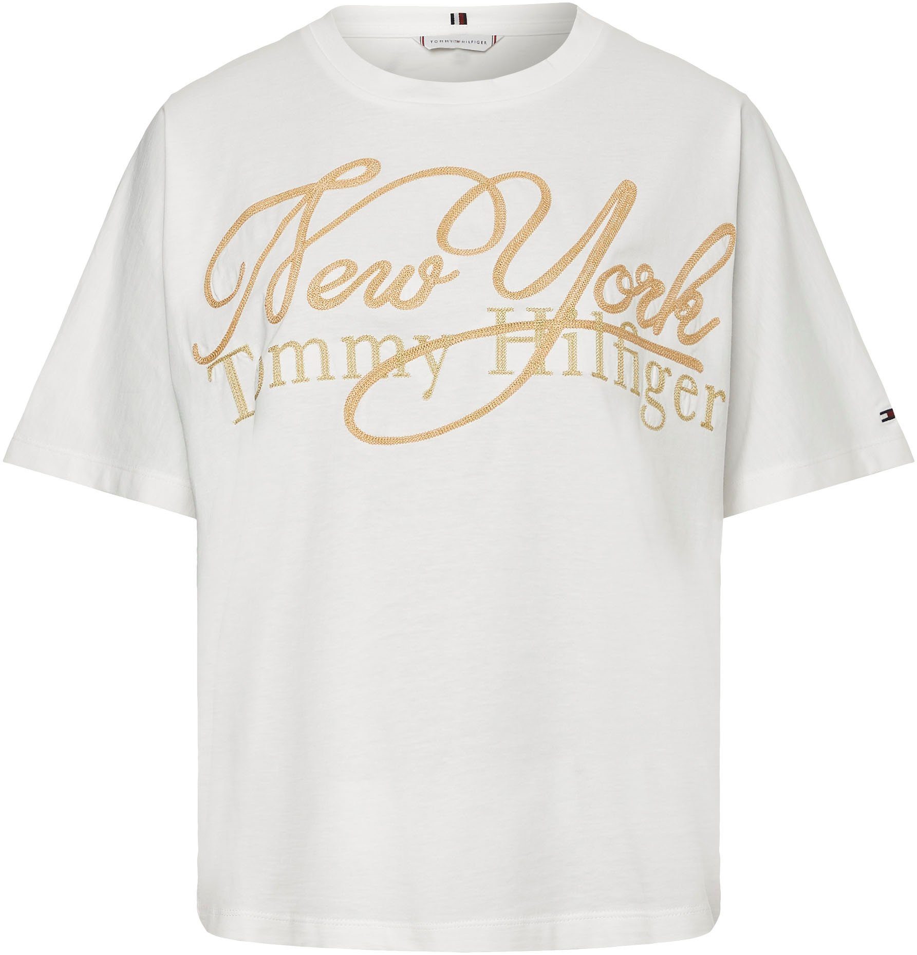 Tommy Markenlabel metalicfarbenen Print Tommy mit Hilfiger Hilfiger SS METALLIC & NY C-NK RLX Ecru T-Shirt