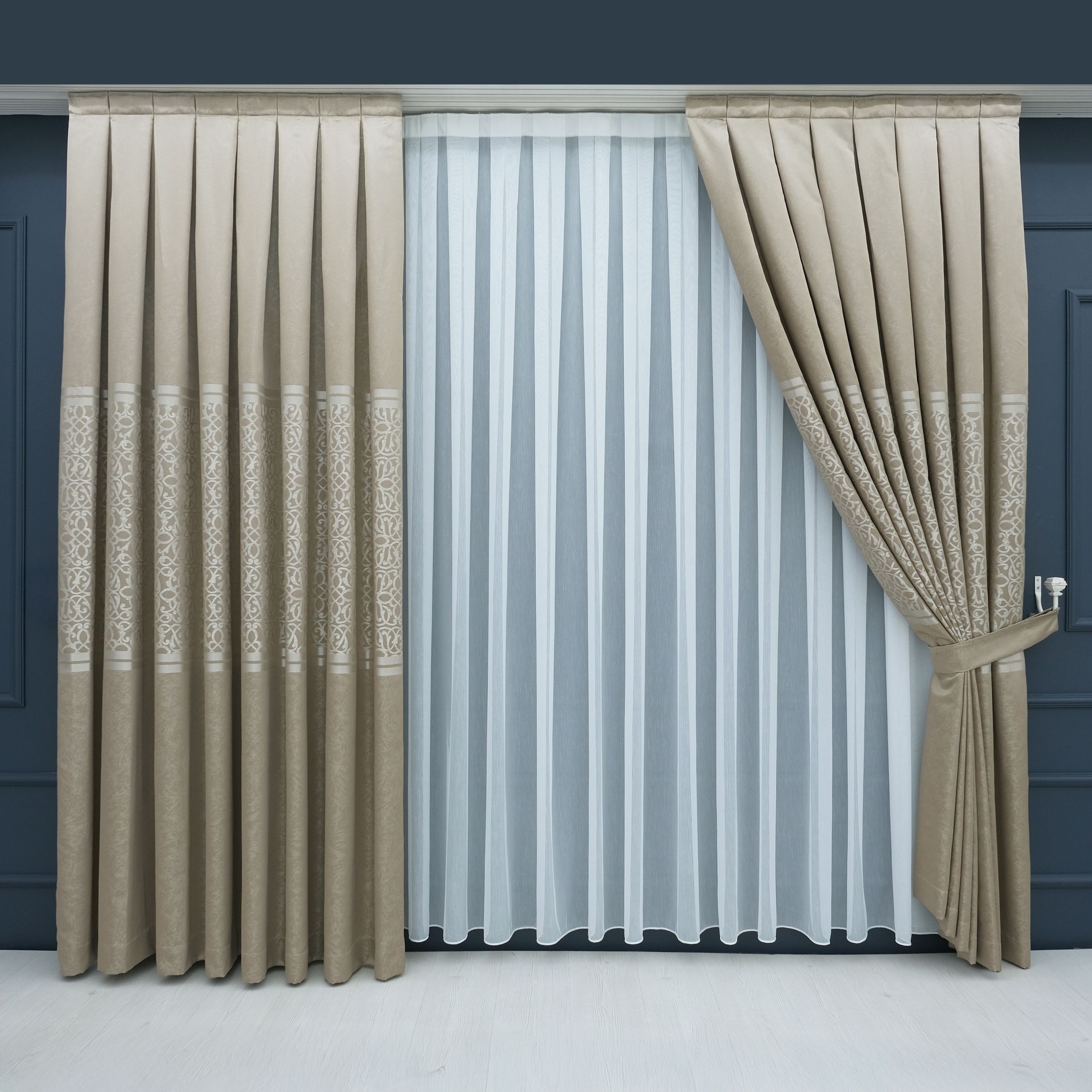 Gardinen by Justyna Vorhang Komplett-Set Vorhang Beige – Falten mit Store (5 St), Kräuselband, halbtransparent, Fertiggardine, Halbtransparent, Faltenband, Komplett-Set, Pflegeleicht