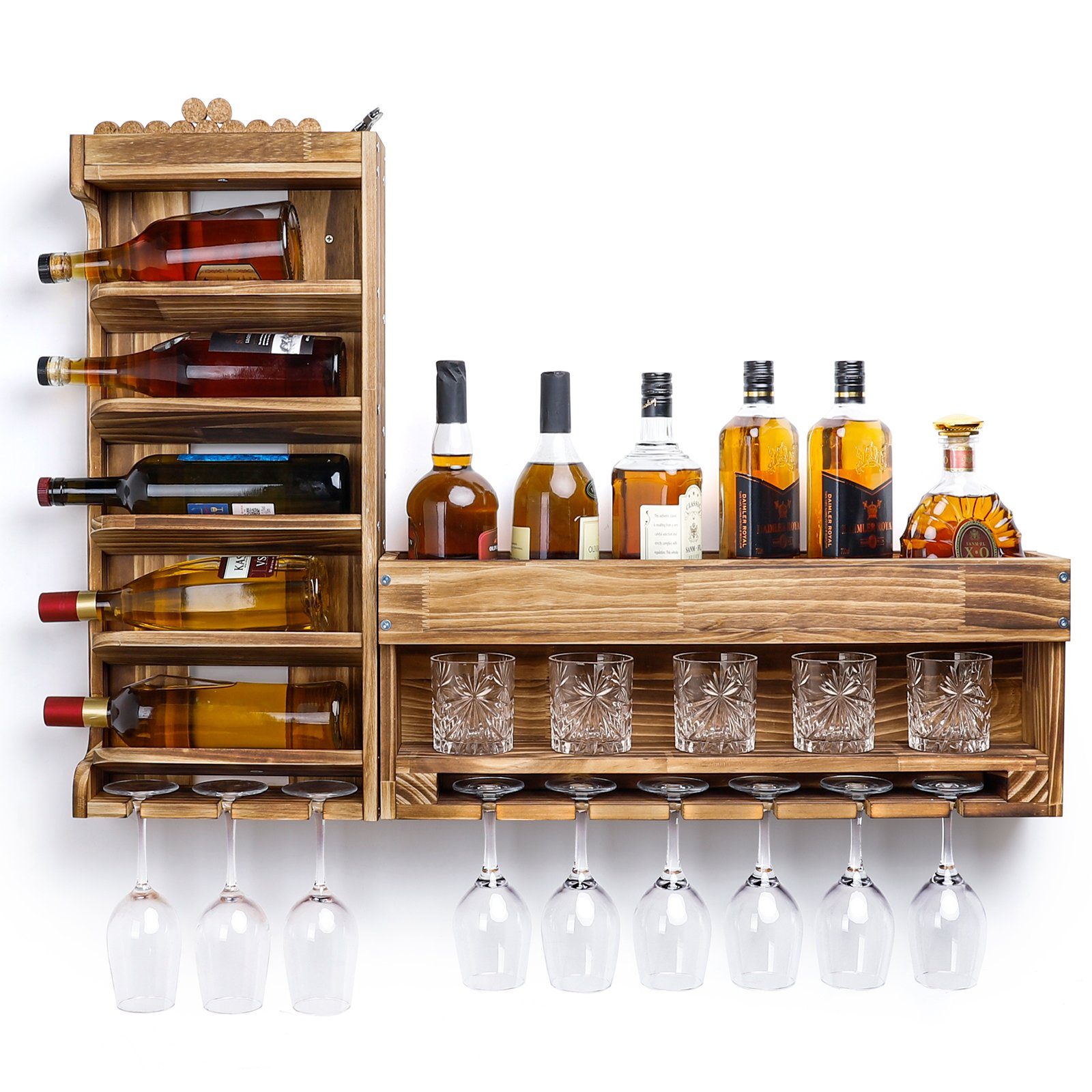 Yorbay Weinregal Weinregal aus Holz, Wandbar mit Korkhalter, Holzregal für Weingläser, Whiskygläser, Wandmontage Wand Flaschenhalter Vintage Stil für Hausbar