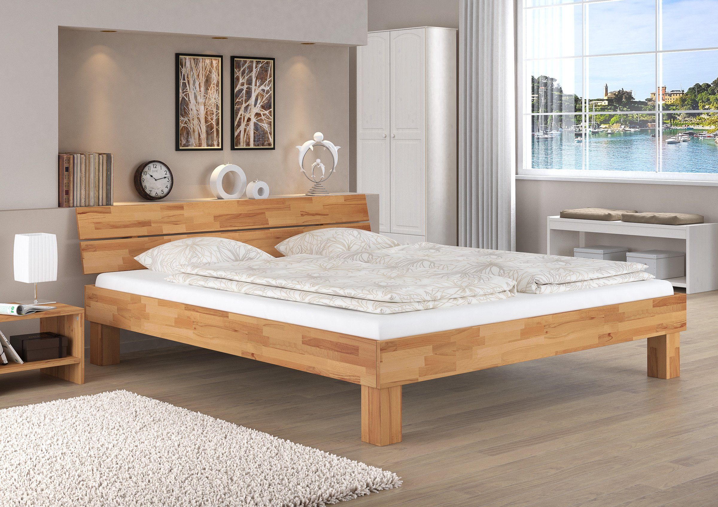 natur lackiert mit 160x200 Matratze, Buchefarblos Rollrost + ERST-HOLZ Buche Doppelbett Bett