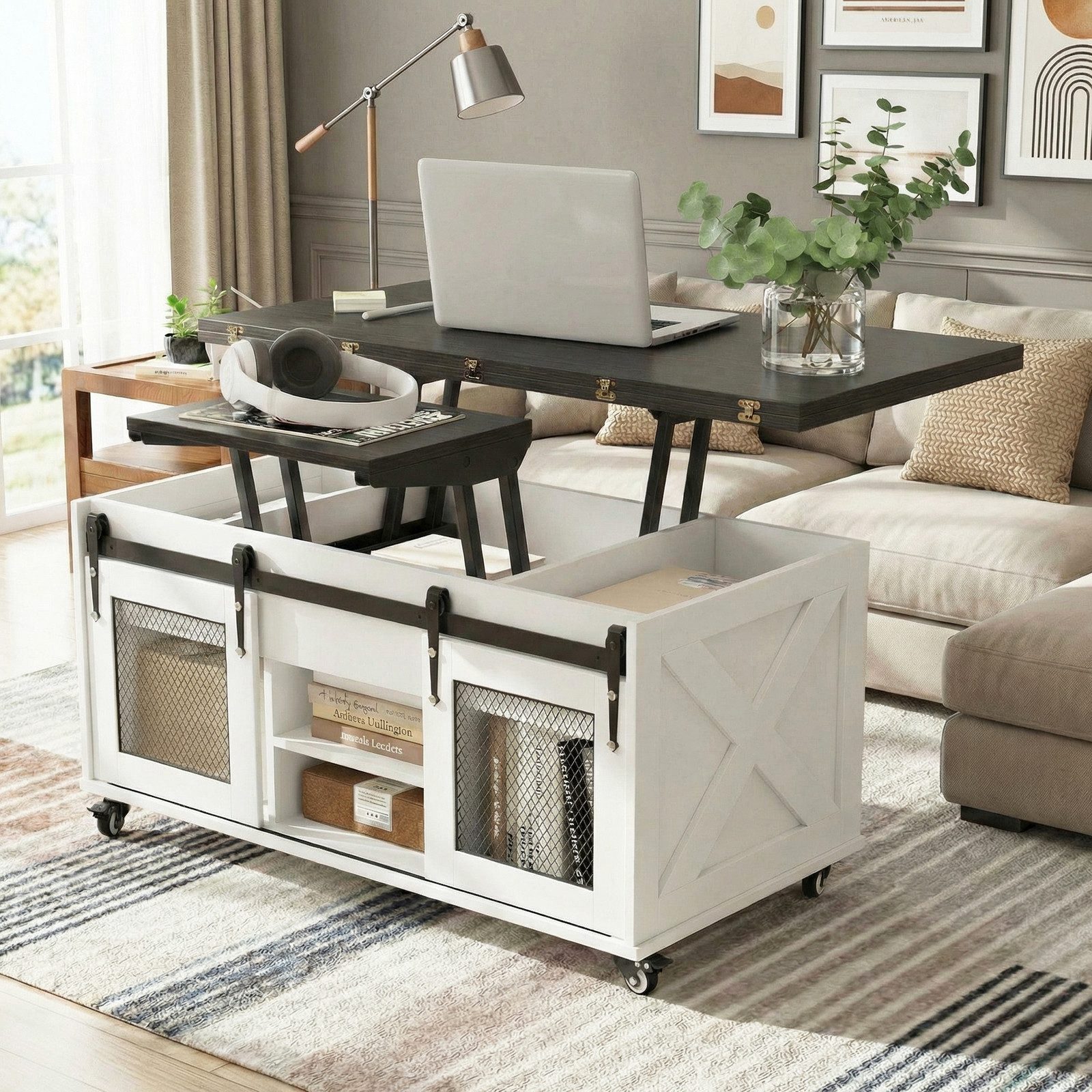 VOWNER Couchtisch 3-in-1 Wohnzimmertisch mit Rollen & Versteckaufbewahrung (1-St), Höhenverstellbarer Esstisch, Bauernhausstil