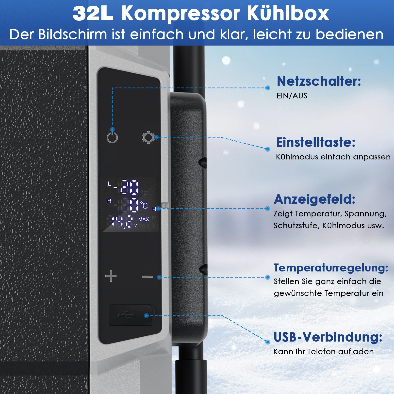 TLGREEN Kühlbox Kompressor Kühlbox 32L, bis -20℃, Zweizonen-Temperaturregelung, 32 l, MAX/ECO Modus, DC 12/24V, Camping Kühlschrank,Kühlbox Auto – Bild 3 von 5
