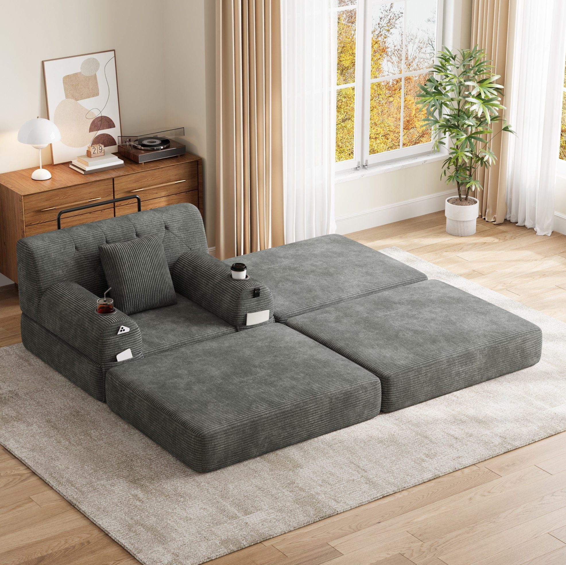 MODFU Sofa Loungesessel 1-Sitzer mit Hocker, Relaxsessel, Getränkehaltern und Stauraumtaschen, weichem Cordstoff und ergonomischer hoher Rückenlehne 1 Teile, Polsterstuhl Loungesofa
