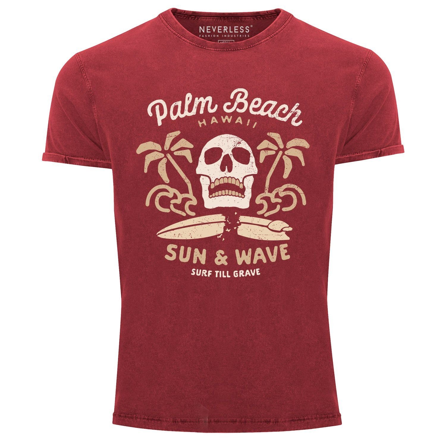 Neverless Print-Shirt Neverless® Herren T-Shirt Surf-Motiv Totenkopf Palm Beach Vintage Shirt mit Print rot