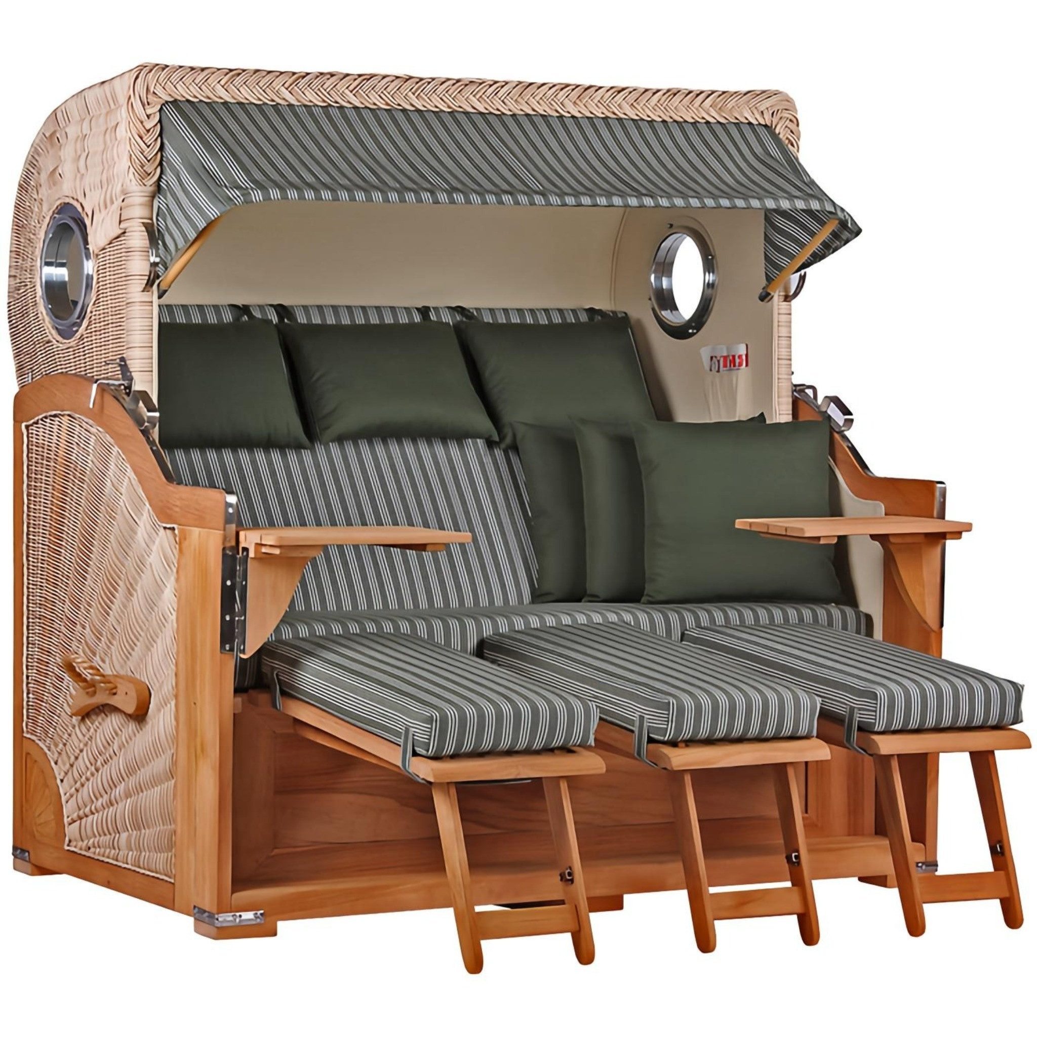 MR.DEKO Strandkorb XXL Dreisitzer Teak Shell PE-Geflecht mit Bullaugen 170x95x170cm, BxTxH: 170x95x170 cm, XXL, Baltikum XXL, (Fertig montierter großer Strandkorb für Garten & Terrasse, 1-tlg), Wetterfester Volllieger mit Edestahlbeschlägen & waschbaren Polstern