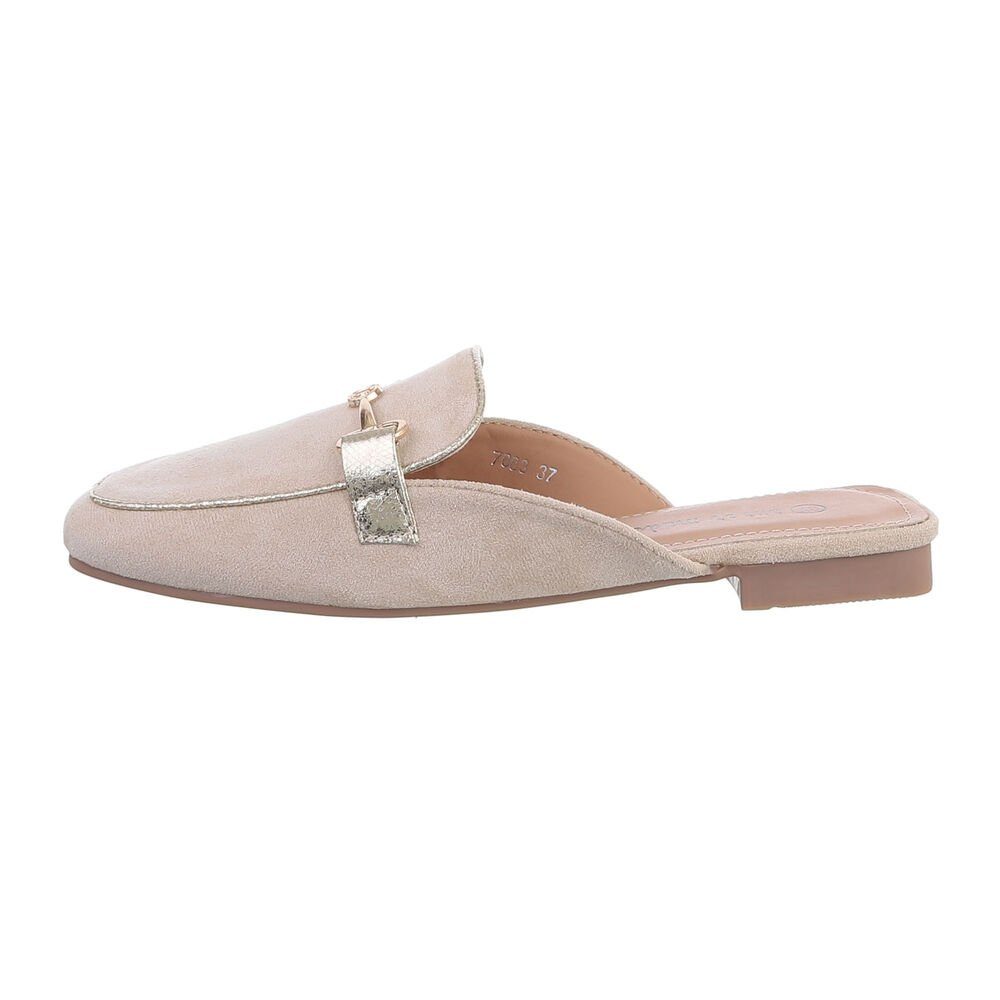 Ital-Design Freizeit Damen in Beige Mules Pantoletten Pantolette Blockabsatz