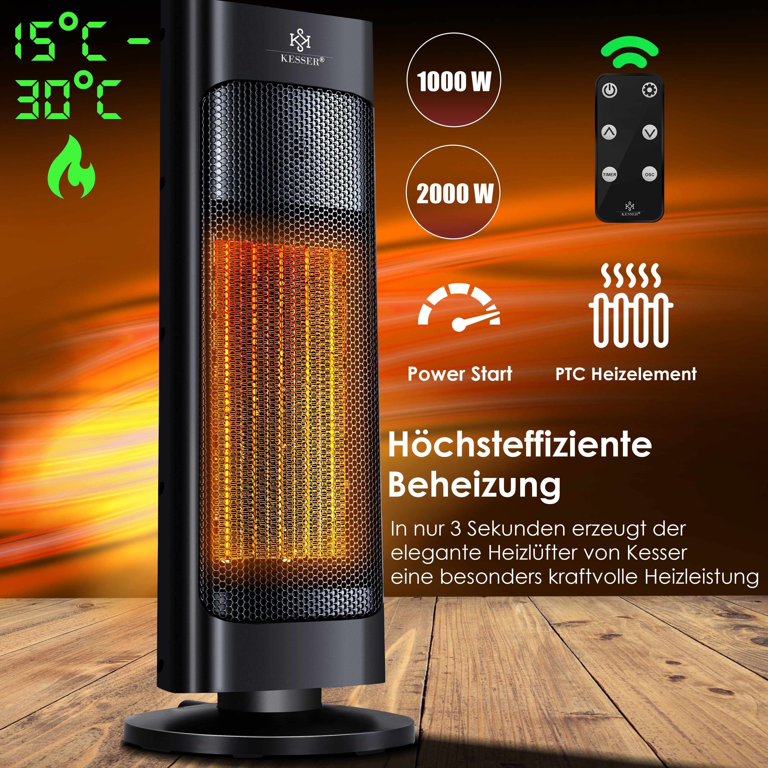 KESSER Heizlüfter, Heizlüfter mit Fernbedienung energiesparend leise 2000W