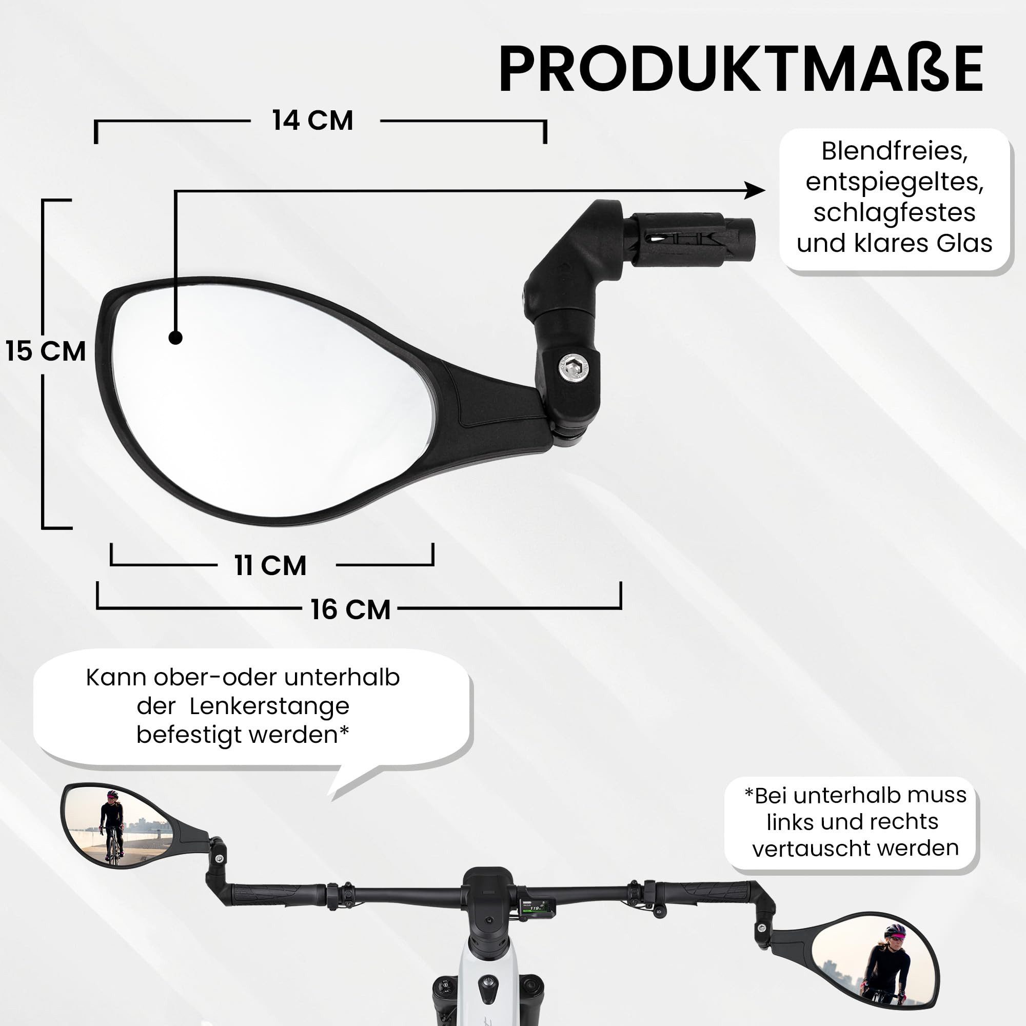 XiRRiX Fahrradspiegel, Fahrrad Spiegel, Rückspiegel für Fahrrad E-Bike, eBike Zubehör, Schlagfestes Glas - für Lenker links