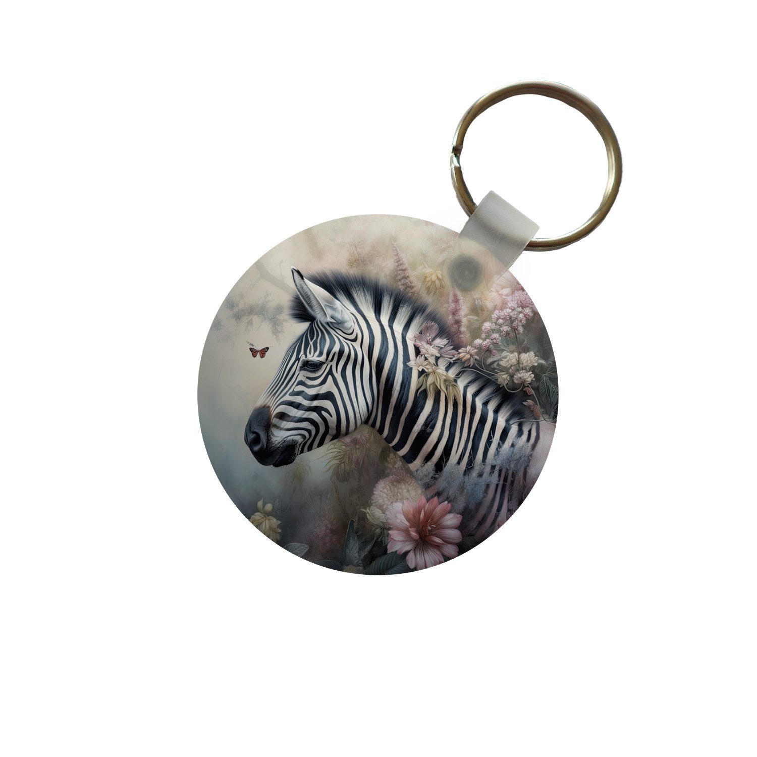 MuchoWow Schlüsselanhänger Zebra - Wilde Tiere - Schmetterling - Blumen, Rund, Geschenk für Damen / Herren / Kinder mit Schlüsselring, 5x5 cm