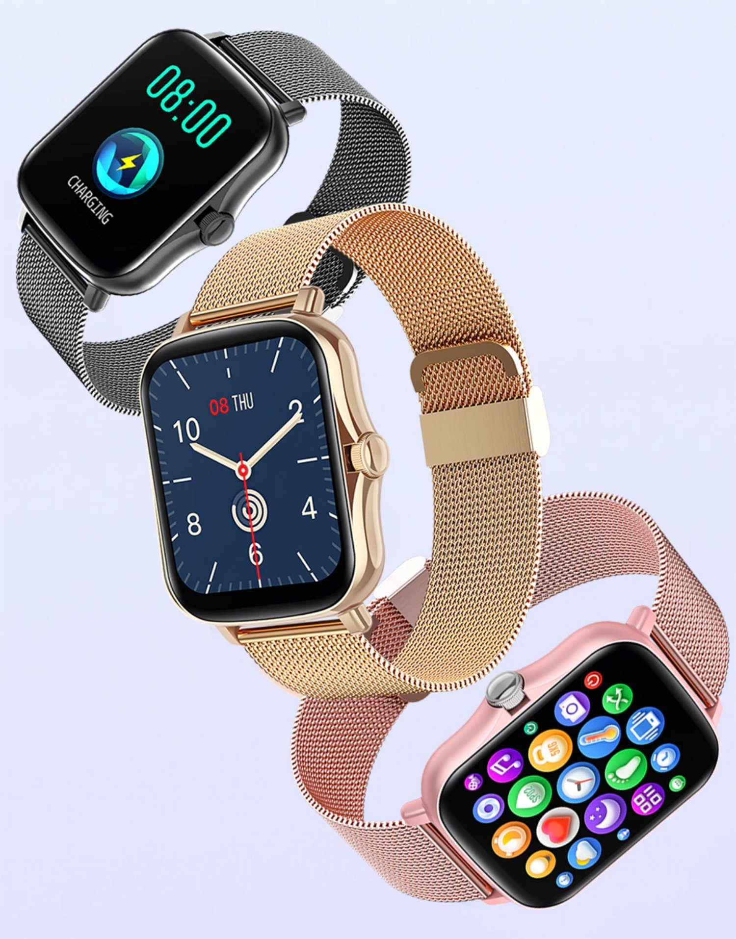 TPFNet SW03 mit Milanaise Armband + Silikon Armband Smartwatch (Android), individuelles Display - Armbanduhr mit Musiksteuerung, Herzfrequenz, Schrittzähler, Kalorien, Social Media etc., Schwarz
