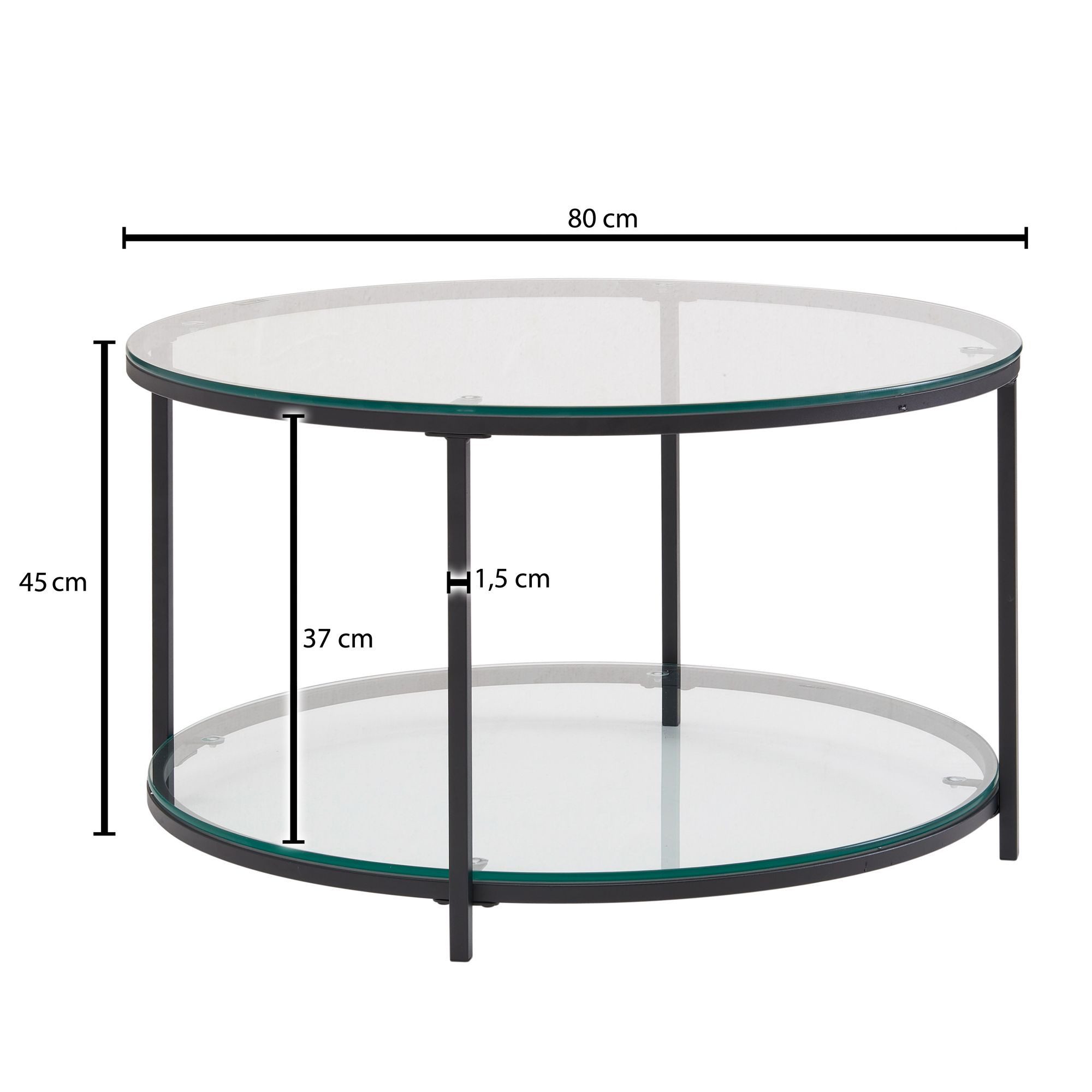 FINEBUY Couchtisch FB78983 Sofatisch Glas Wohnzimmertisch Ø 80 cm Rund Tisch Stauraum (80x80x45 cm Glas Sofatisch Rund Transparent), Wohnzimmertisch Kaffeetisch mit Metall-Gestell