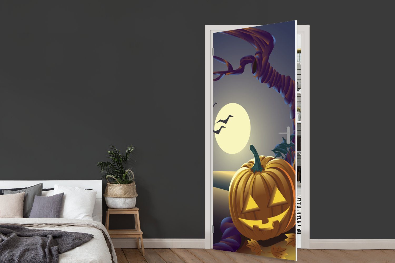 Türaufkleber, Zwei Illustration, Fototapete MuchoWow Kürbisse für Matt, St), (1 75x205 in Halloween-Nacht Tür, einer in bedruckt, Türtapete einer cm