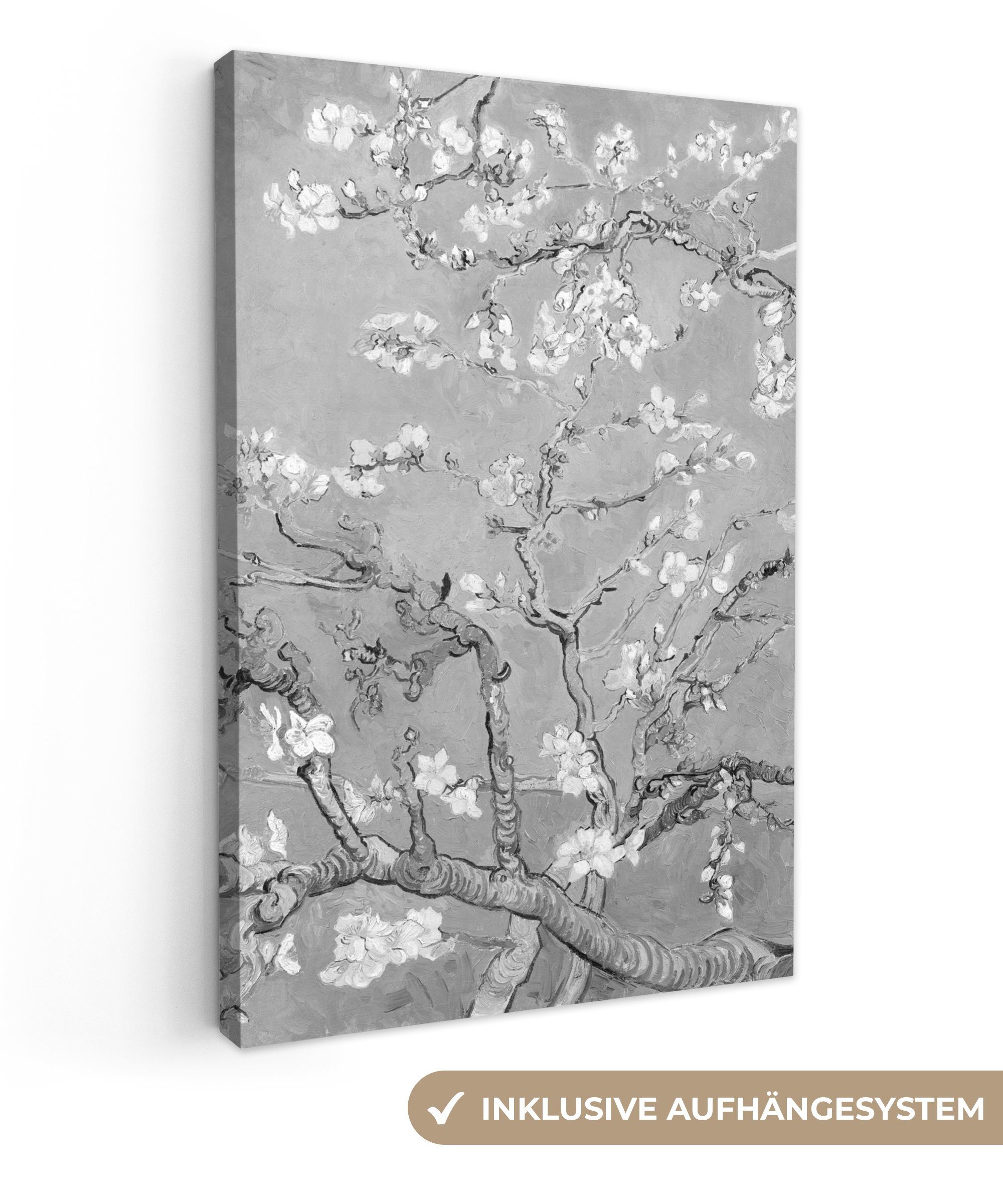OneMillionCanvasses® Leinwandbild Mandelblüte (1 Grau, inkl. St), Gogh cm Kunst - Gemälde, bespannt - Leinwandbild Zackenaufhänger, - Van fertig 20x30