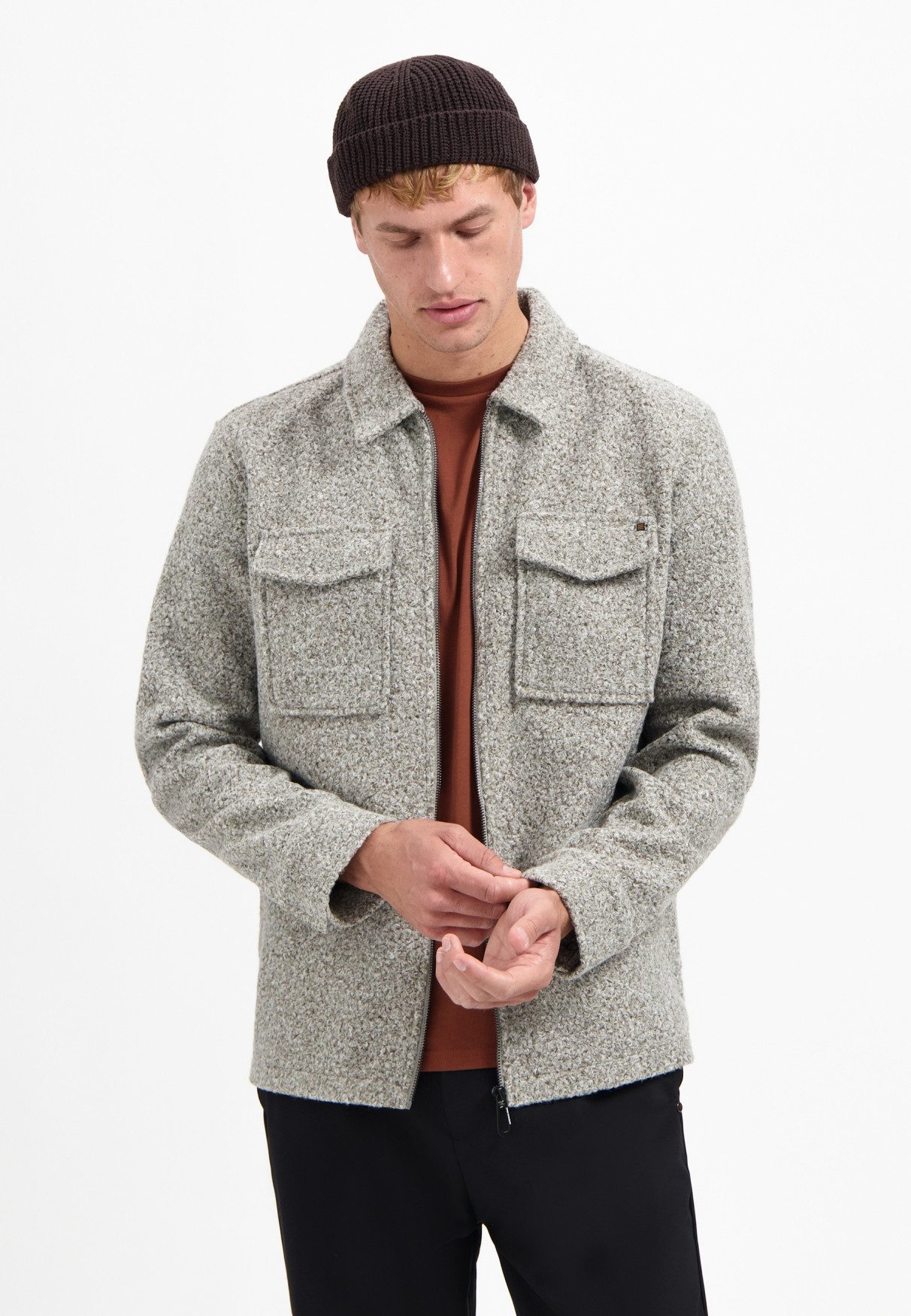 NO EXCESS Langarmhemd No Excess Overshirt mit Wollreißverschluss