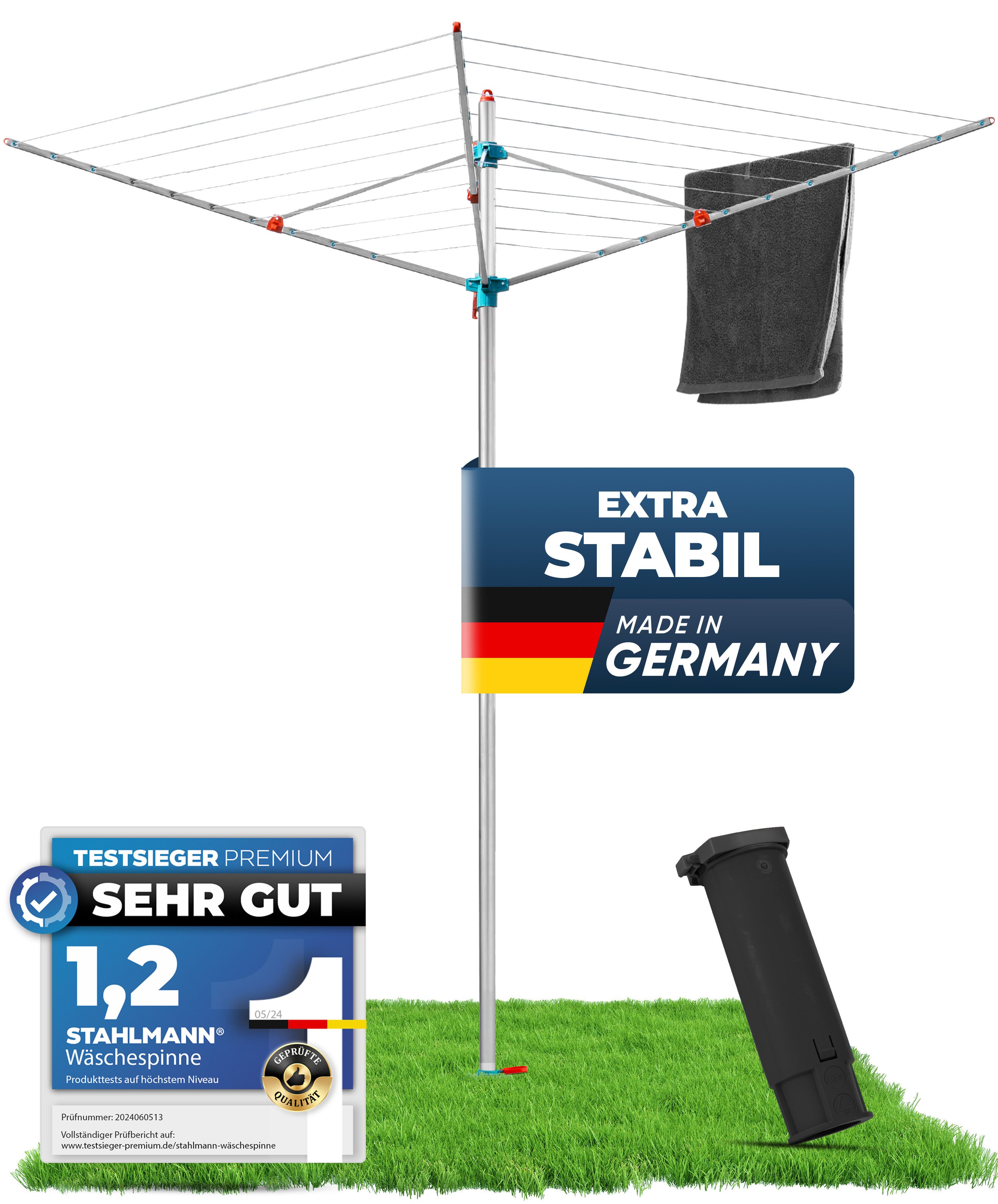STAHLMANN COMMERCE GmbH Wäschespinne [Made IN Germany ] 40 M Leinenlänge - Wäschespinne draußen, inkl. Bodenhülsen - höhenverstellbare Wäschespinne