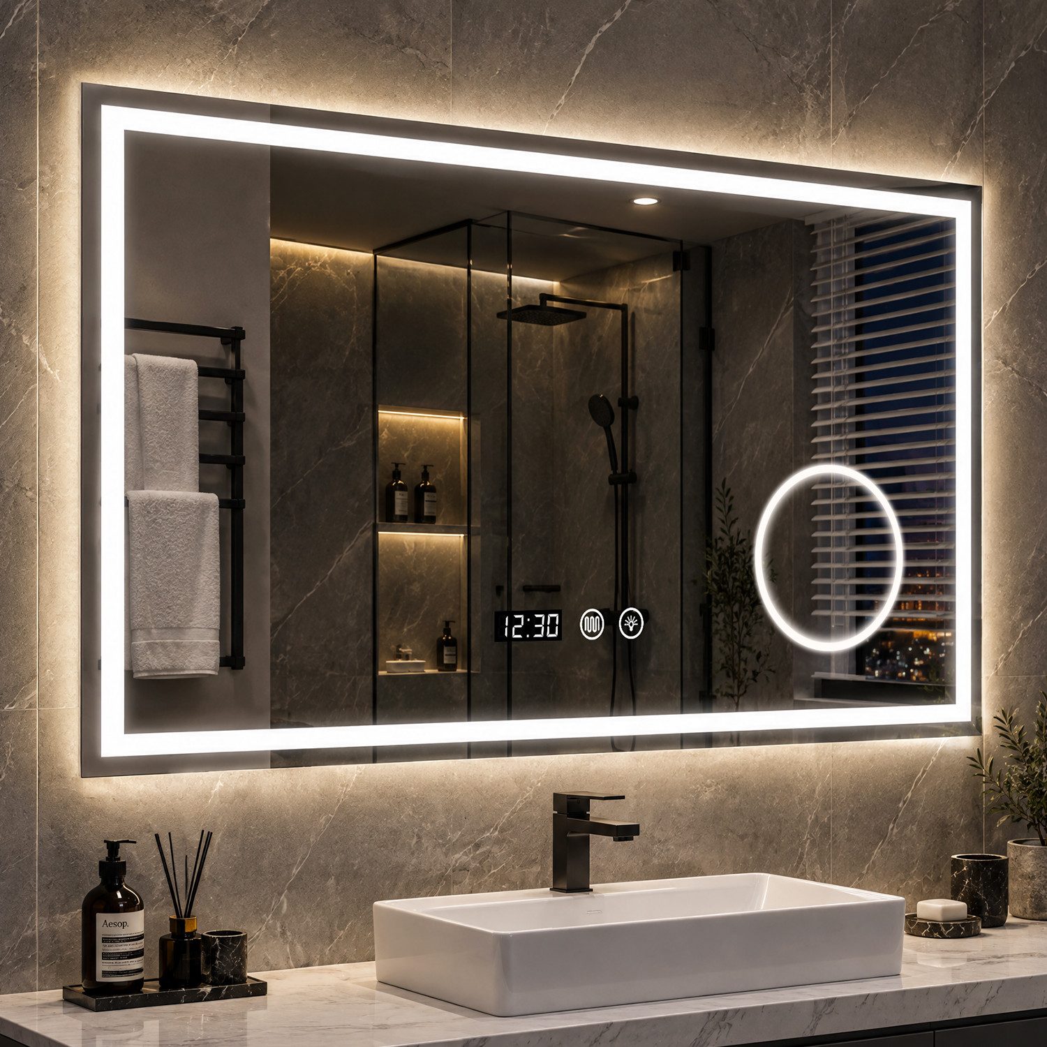 oyajia Badspiegel Bad Spiegel mit Beleuchtung LED Wandspiegel 3-fach Vergrößerung Touch, Antibeschlag Kosmetikspiegel Beschlagfrei, Uhr, 3 Lichtfarben Dimmbare