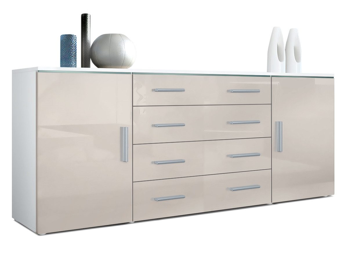 Vladon Sideboard Verona V2 (Kommode, mit 2 Türen und 4 Schubladen), Weiß matt/Sandgrau Hochglanz (166 x 72 x 35)