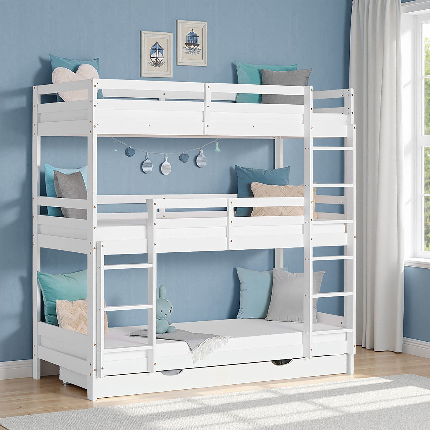Homestyle4u Etagenbett 90x200 Hochbett für 3 Personen Dreifachbett Weiß Treppe 2 3 Kinder (Set, mit Lattenrost und 1x Bettkasten/Schublade), 2 Meter hoch, mit 2 Leitern, Stauraum, Rausfallschutz