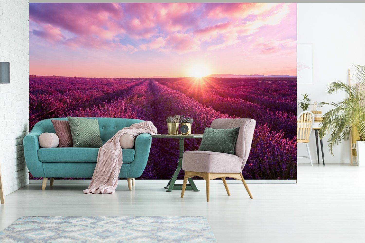Wohnzimmer, MuchoWow Tapete bedruckt, (6 Lavendel Vinyl St), Kinderzimmer, Frankreich, - Wallpaper Schlafzimmer, Blumen Matt, Fototapete - für