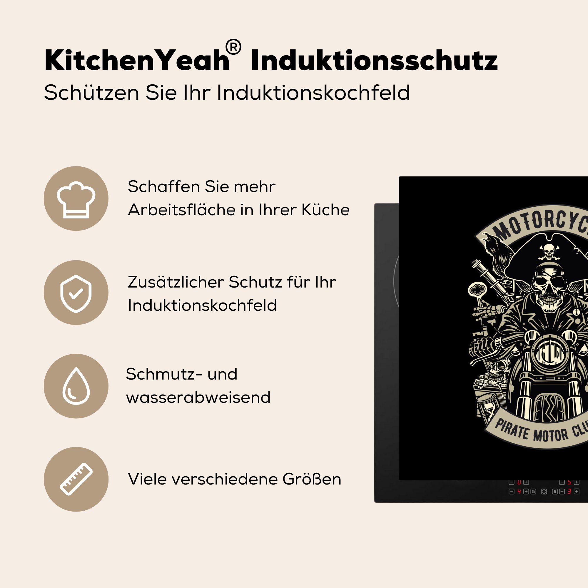 MuchoWow für - Motor küche (1 - cm, 78x78 Ceranfeldabdeckung, Arbeitsplatte Vintage, - Vinyl, Herdblende-/Abdeckplatte tlg), Pirat Skelett