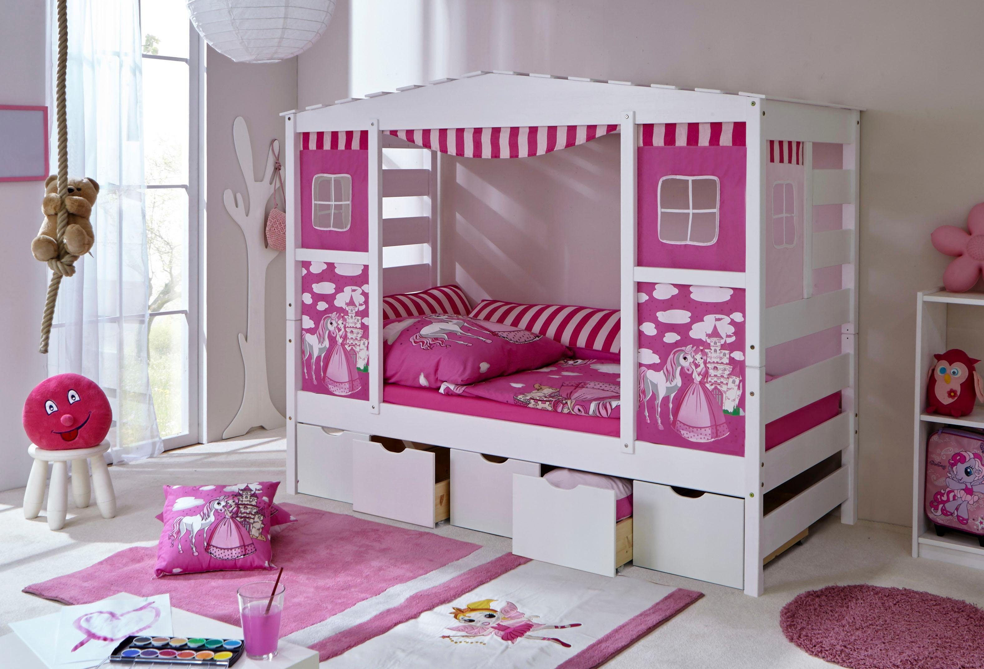 Ticaa Kinderbett Lio, Hausbett Kiefer massiv weiß gewachst-Textil-Set »Prinzessin«