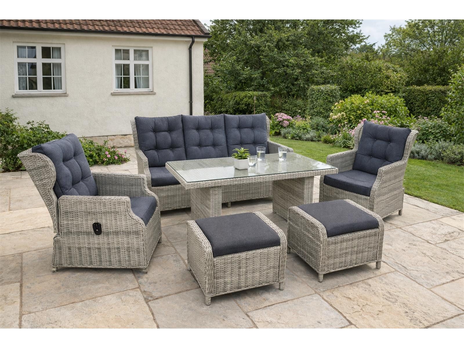Green Spirit Loungeset »Bilbao« Dininglounge Set Sitzgruppe Loungemöbel Lounge Gartenmöbel, (Set, 6-tlg., 1 Sofa, 2 Sessel, 2 Hocker, 1 Tisch, inkl. Auflagen), Polyrattan, grau, 7 Personen, wetterfest, Garten, Terrasse, Outdoor