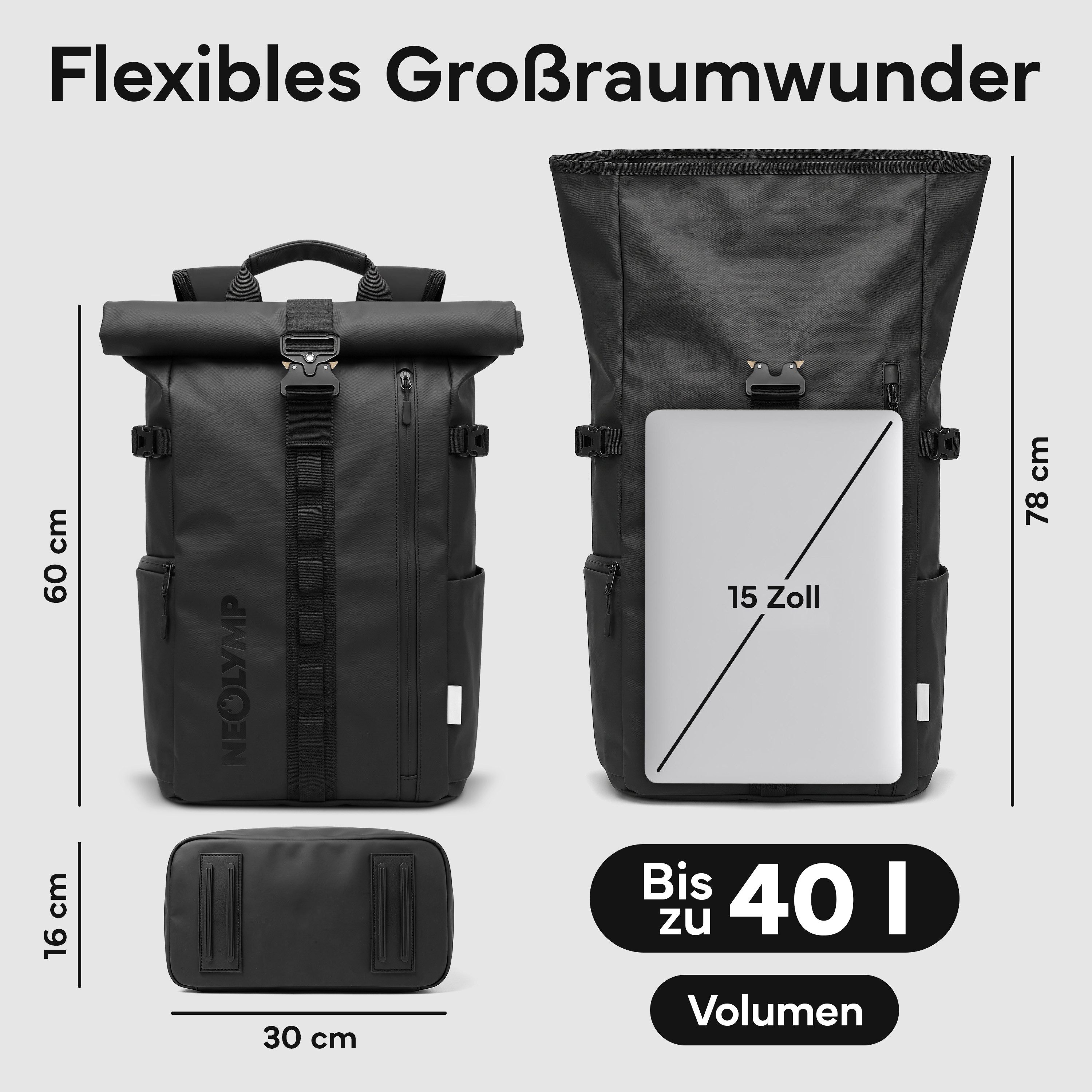 NEOLYMP Rucksack Wasserdichter Rolltop Backpack, Laptopfach, Wet Case & Rückenzugriff, Reiserucksack Herren & Damen flexibel erweiterbar - Sportrucksack