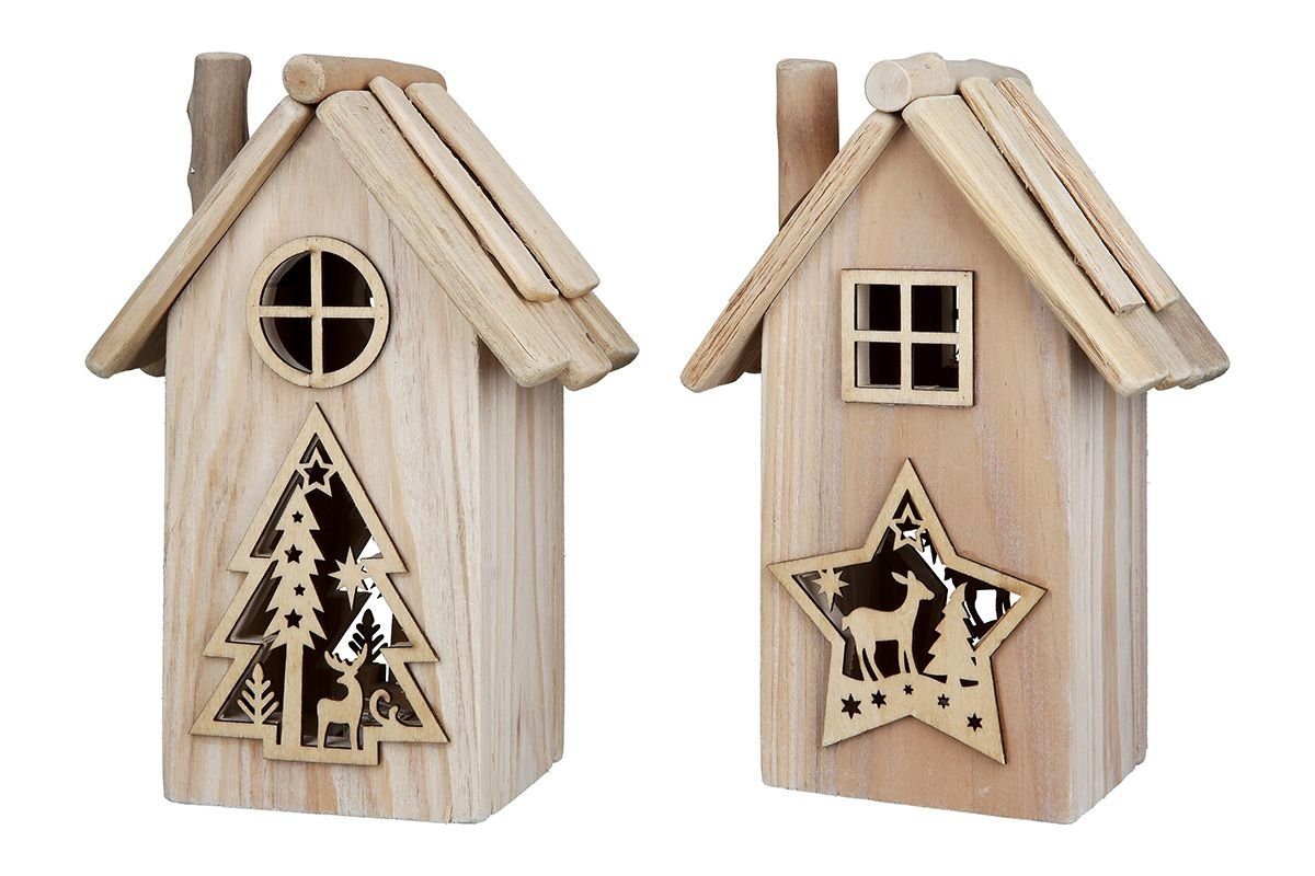 GILDE Dekoobjekt 4er Set Holz Treibh Stern Motive, aus Handgefertigt LED-Haus - & Baum