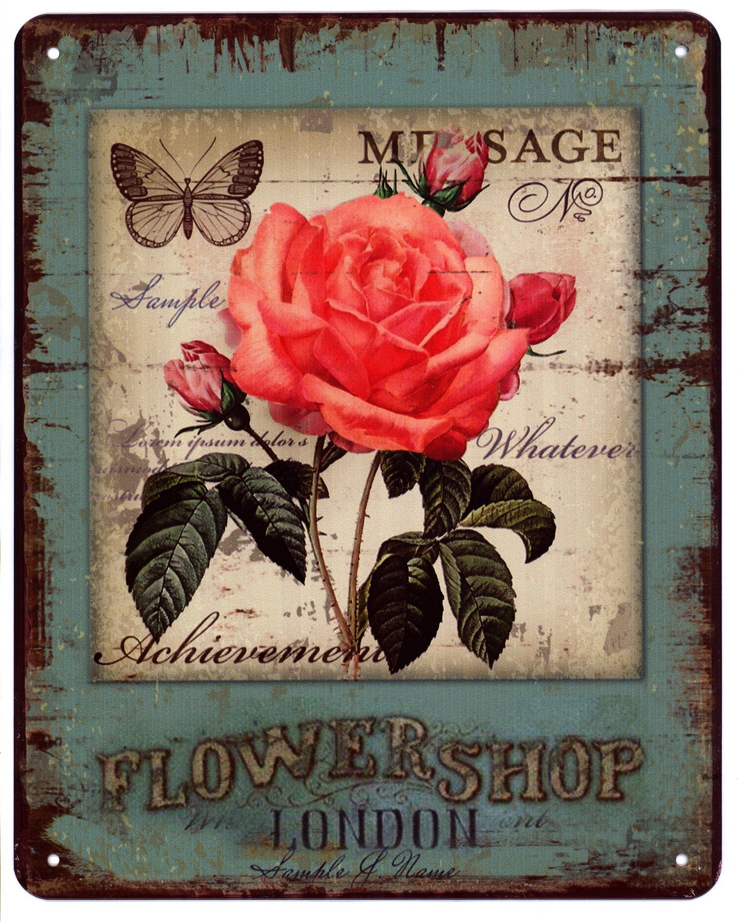 Metallschild Blechschild Flowershop London Rosa Rose