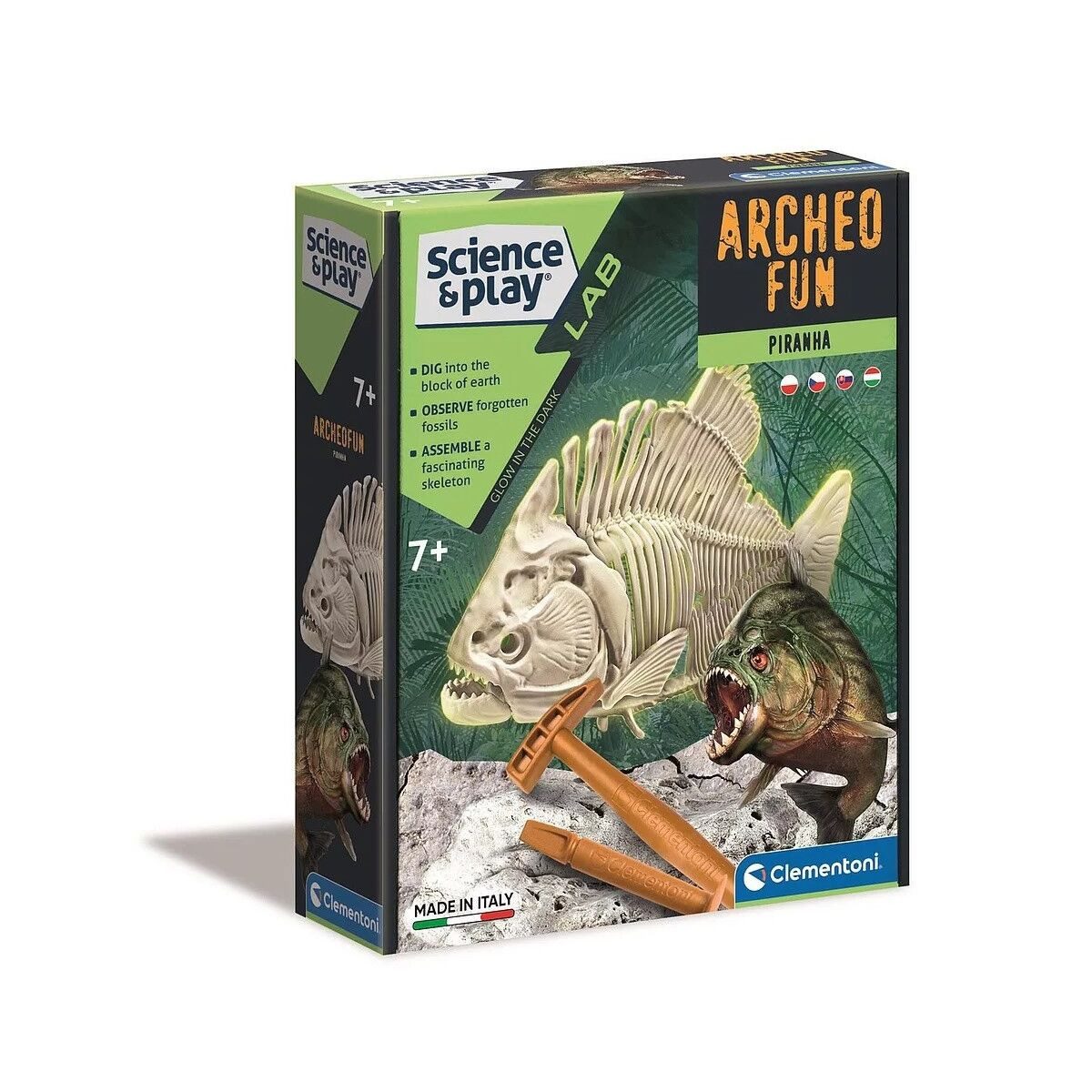 Clementoni® Lernspielzeug Tiere Archeo Fun Leuchtendes Piranha Archäologie-Set