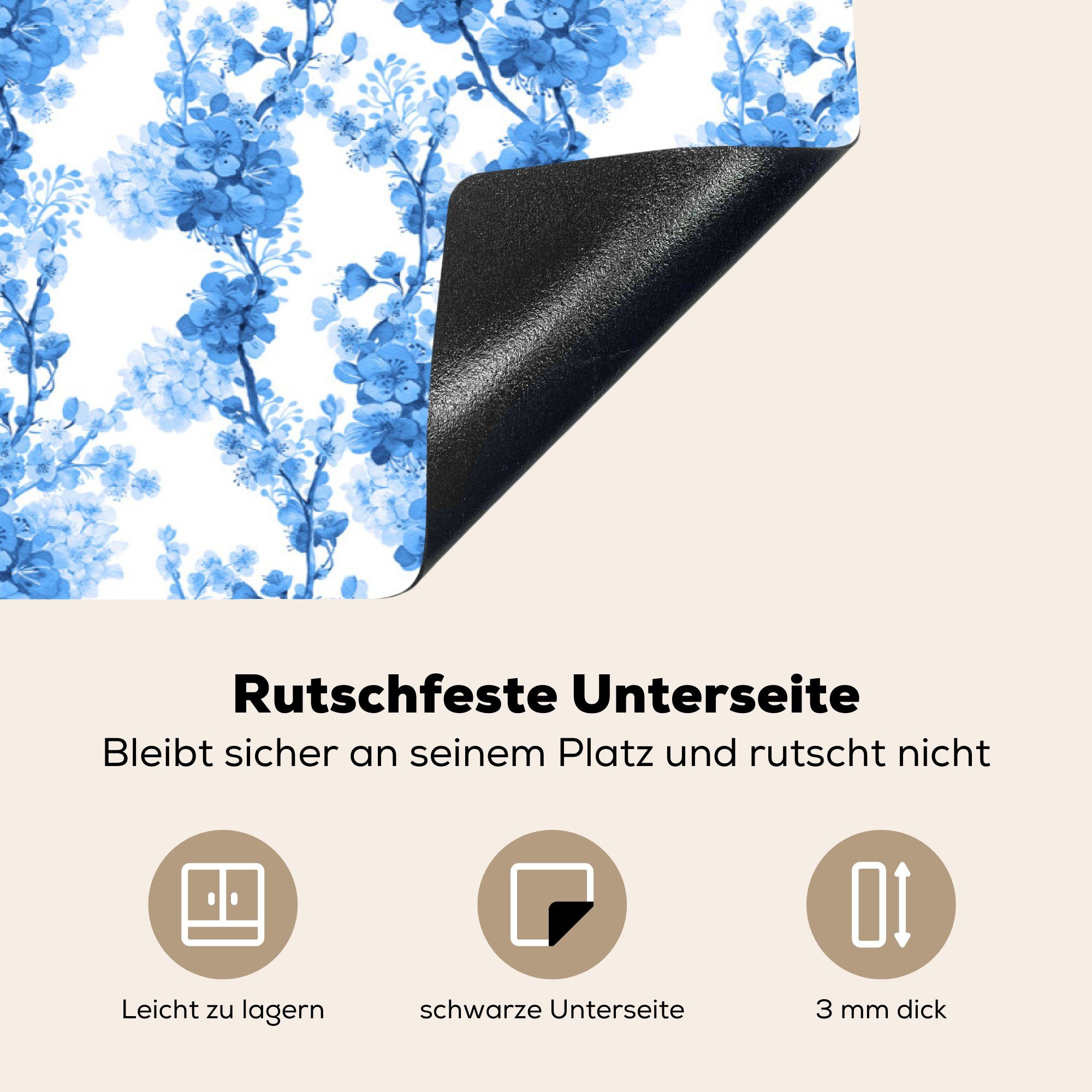 Induktionskochfeld für cm, - Herdblende-/Abdeckplatte (1 MuchoWow tlg), Blüte küche, Muster Ceranfeldabdeckung 81x52 - Blau, die Vinyl, Schutz Blumen -