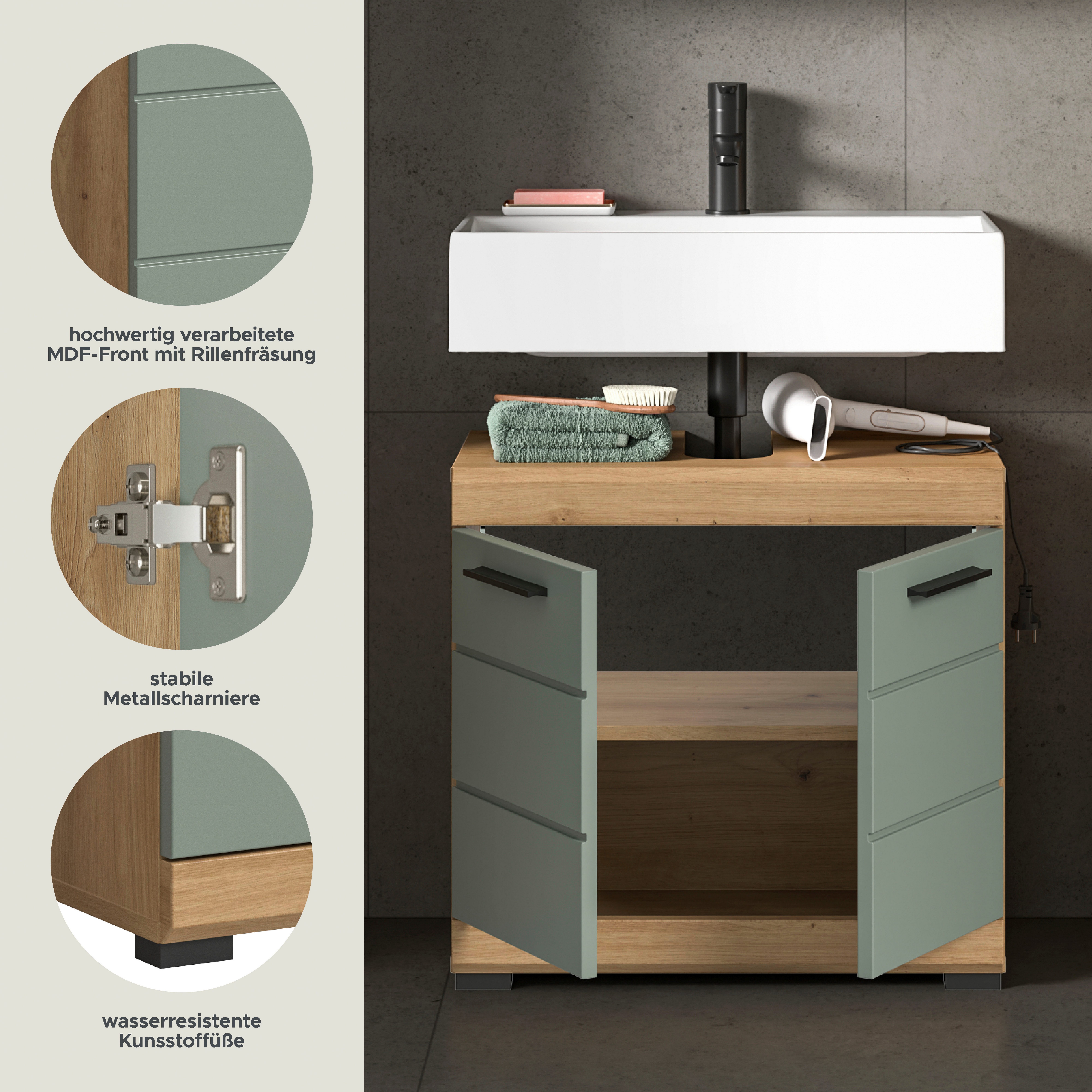welltime Waschbeckenunterschrank SIENA, Breite 60cm, mit 2 Türen oder 2 Schubkästen, MDF-Front (1-St., TOPSELLER!, mit Siphonausschnitt 10x25 cm) in verschiedenen Farben erhältlich, Badmöbel, Badschrank, Kommode, Bad