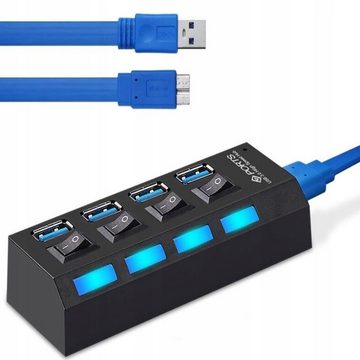 Retoo USB-Verteiler USB Verteiler 3.0 HUB Splitter Adapter Super Speed Datenhub 4 Port (Set, 4-Schnittstellen-HUB USB mit den Schaltern, Versorgungskabel), 4 USB-Schnittstellen, Geschwindigkeit HiSpeed von 5 GB/s, Schalter