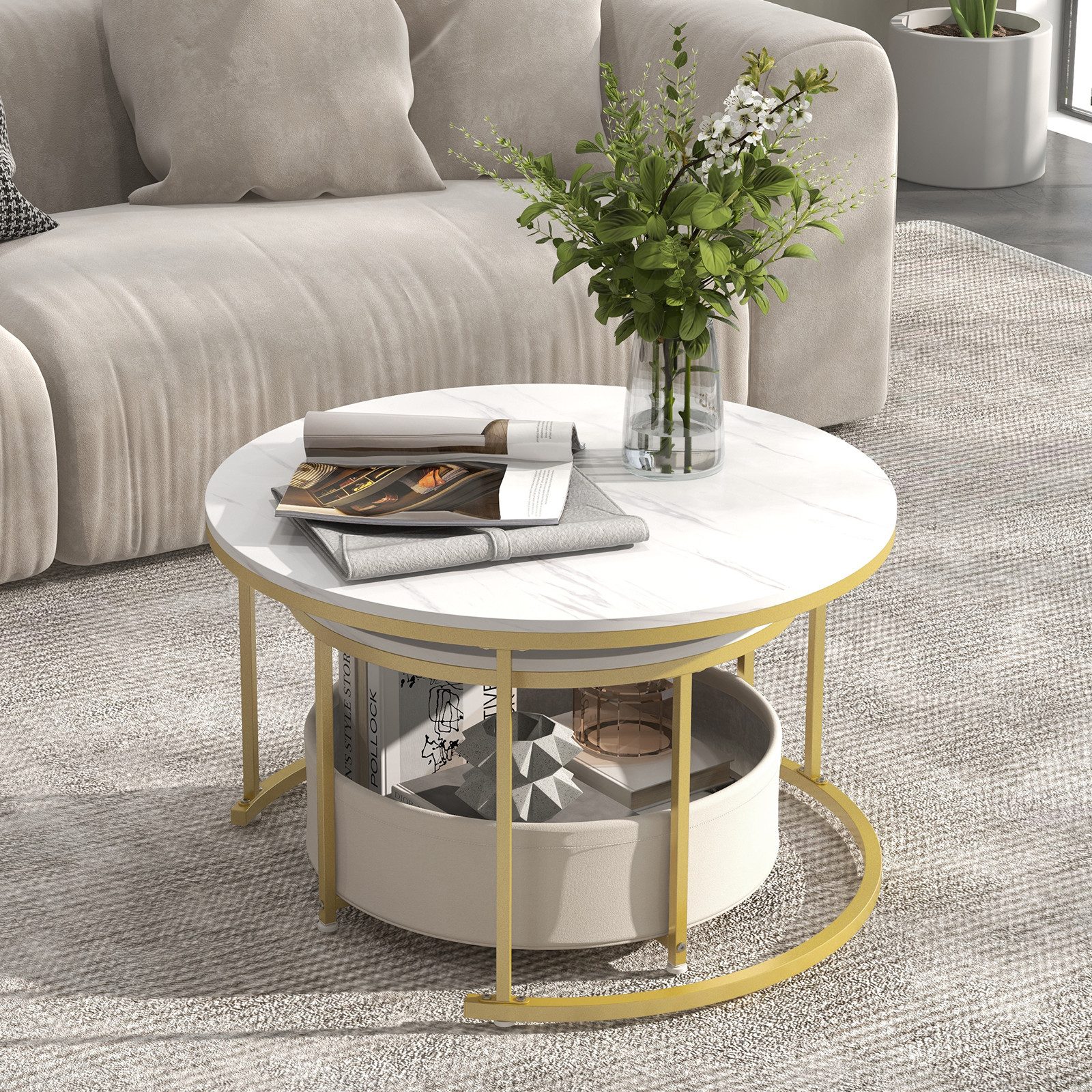 COSTWAY Couchtisch (2er Set), rund Satztisch Marmor mit Korb gold günstig online kaufen