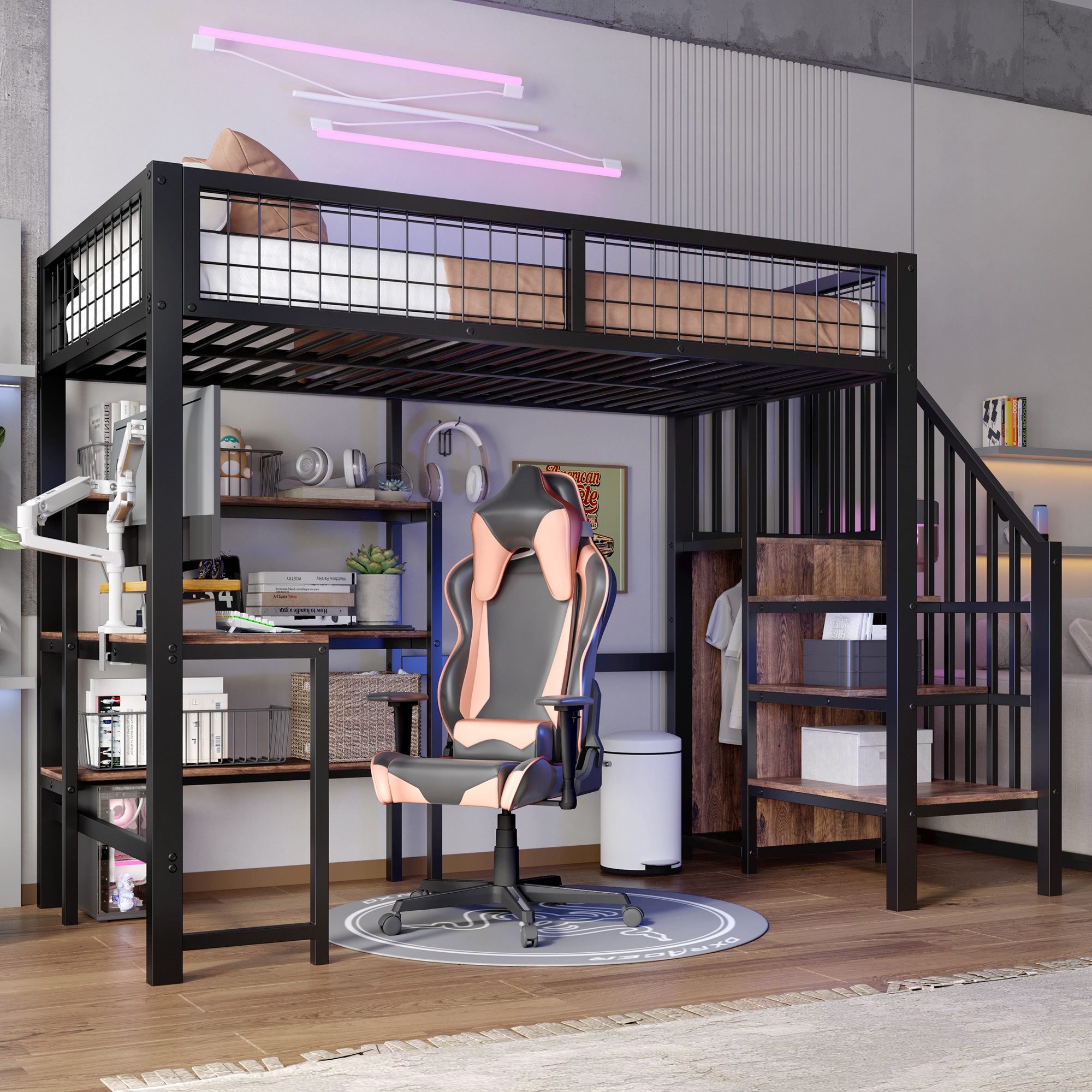 REDOM Kinderbett Funktionsbett Hochbett Metallbett Gästebett Jugendbett Eisenbett (aus Eisen mit Schreibtisch und Einbauschrank – ideal für Kinderzimmer und Studenten, platzsparendes Loft-Design, 90x200cm), ohne Matratze