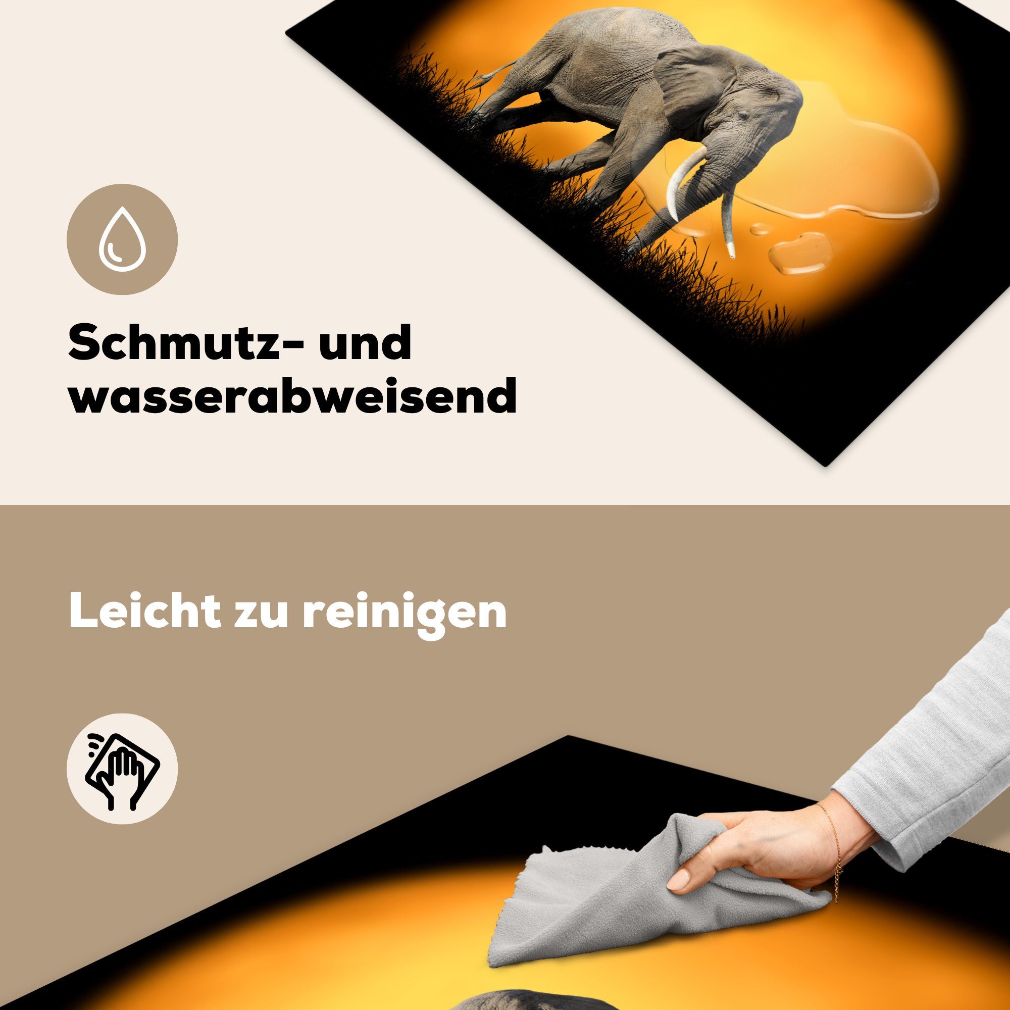 Sonne 81x52 Elefant - küche, Vinyl, cm, die - Schutz Herdblende-/Abdeckplatte Gras, (1 Ceranfeldabdeckung Induktionskochfeld für tlg), MuchoWow