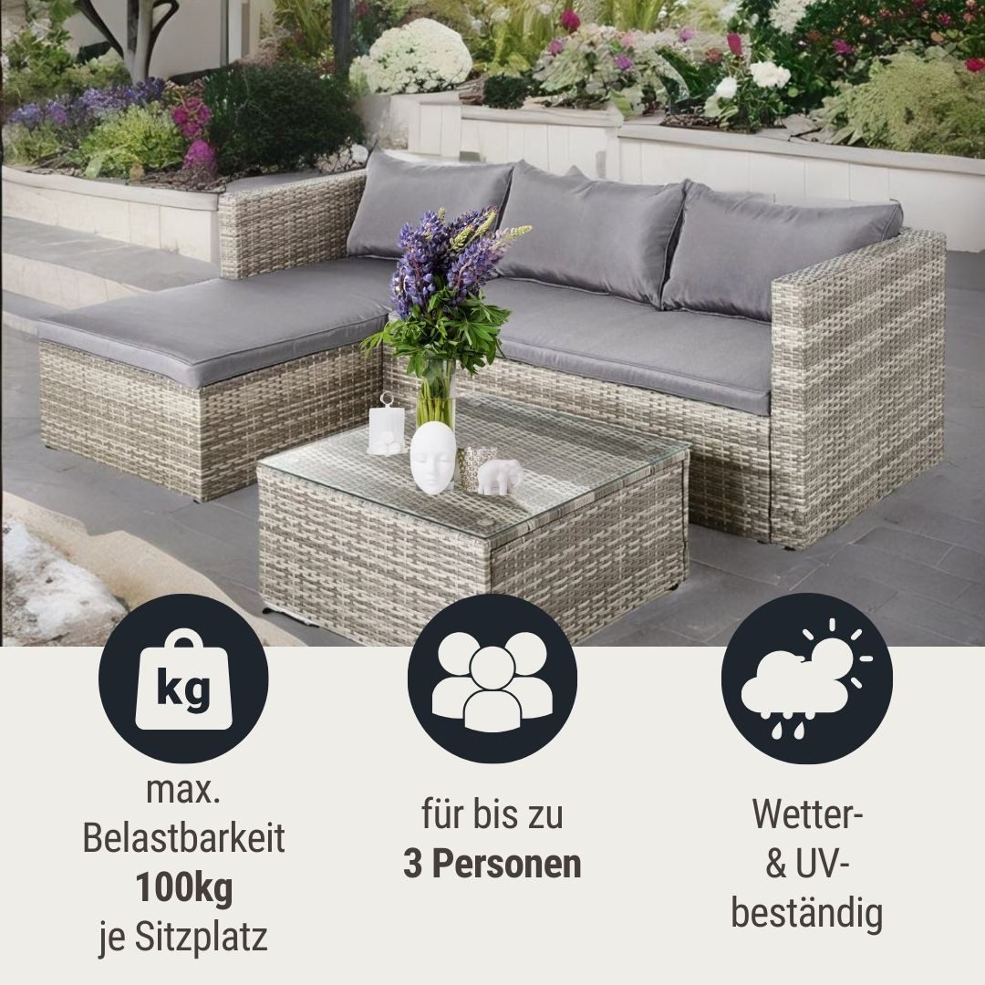 Wohnando Garten-Essgruppe Garten-Lounge "Bragi", Gartensofagarnitur 4 Personen, (2-tlg), Eckbank mit Lounge-Tisch, in gemütlichem hellgrau, Gartenmöbel