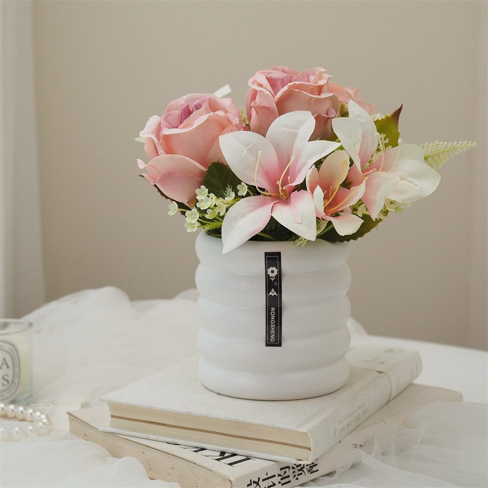 Kunstblumenstrauß Künstliche Lilie Rose Bonsai Set Keramik Tischdekoration günstig online kaufen