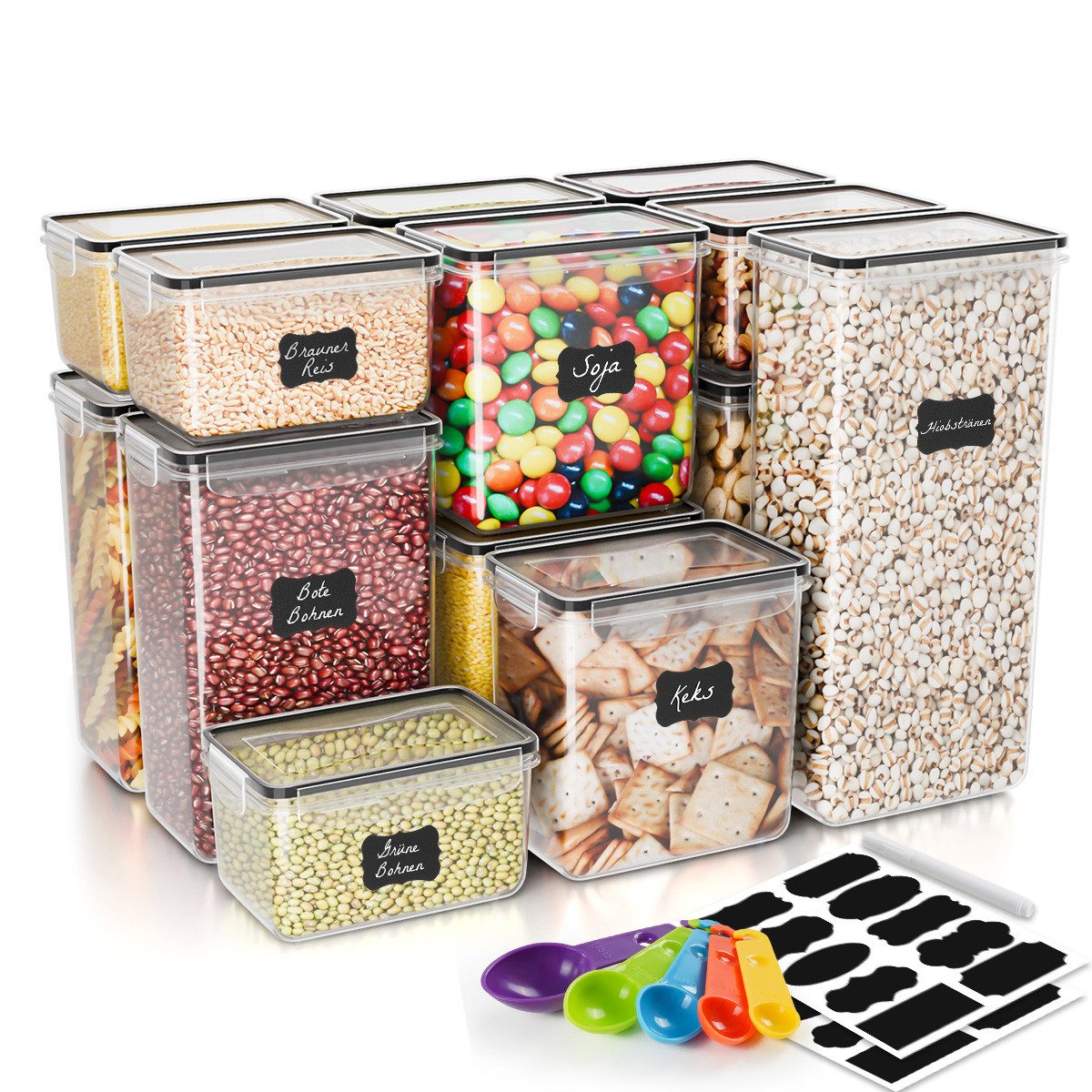 Simloveve Vorratsdose Vorratsbehälter 24 Set, Aufbewahrungsbox Küche Mit Deckel, (22-tlg), 0,8 / 1,4 / 2,0 / 2,8 L Volumen, mit Etiketten und Markern, stapelbar