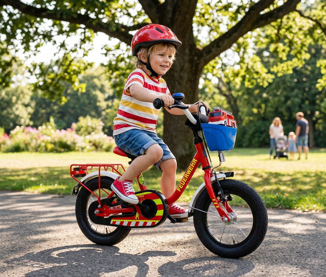 Bachtenkirch Kinderfahrrad 12 Zoll Feuerwehr Fahrrad für Kinder ab 3 Jahre, Sitzhöhe 44-50 cm - Schrittlänge des Kindes ab 42 cm