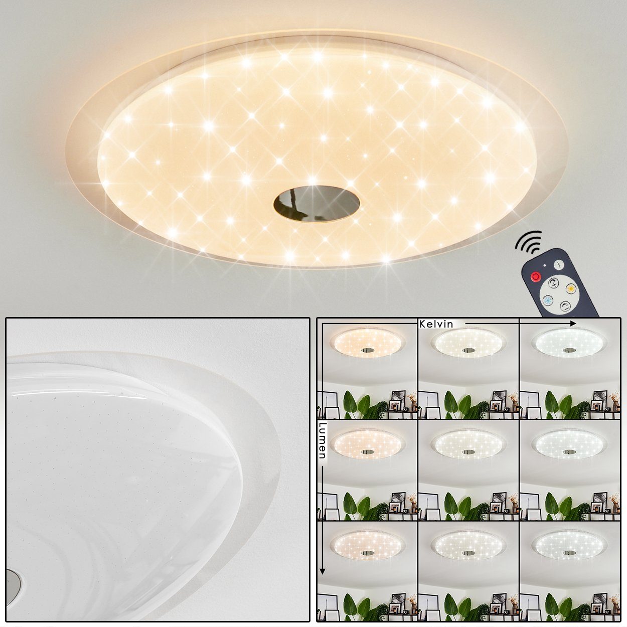 hofstein Deckenleuchte dimmbare Deckenlampe aus Metall/Kunststoff in Weiß (47 cm), LED wechselbar, 2700 - 4000 Kelvin, 2950 + 3150 + 3300 Lumen, Sternenhimmel-Effekt und Fernbedienung