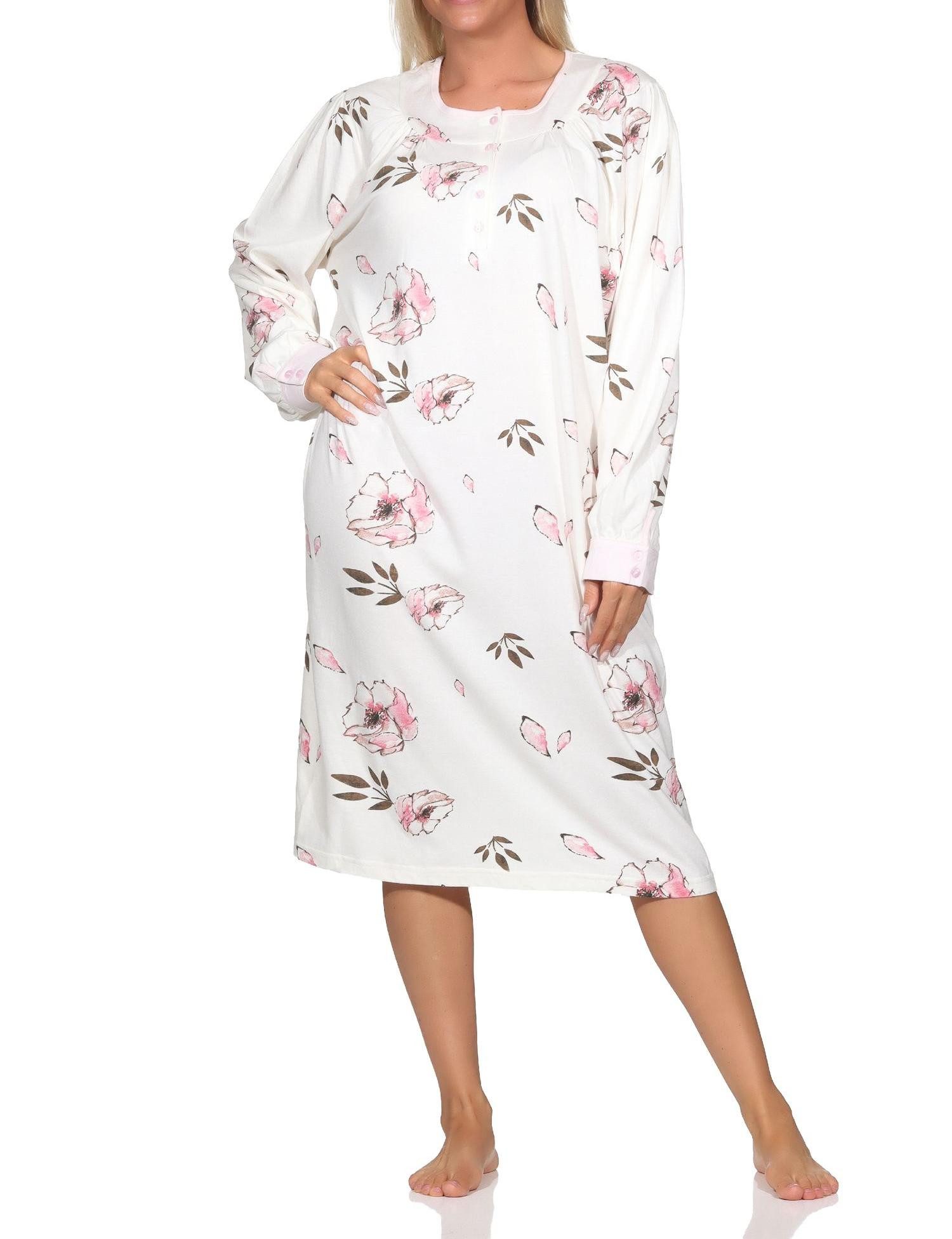 Normann Nachthemd Damen Nachthemd langarm in fraulicher Optik mit Knopfleiste am Hals