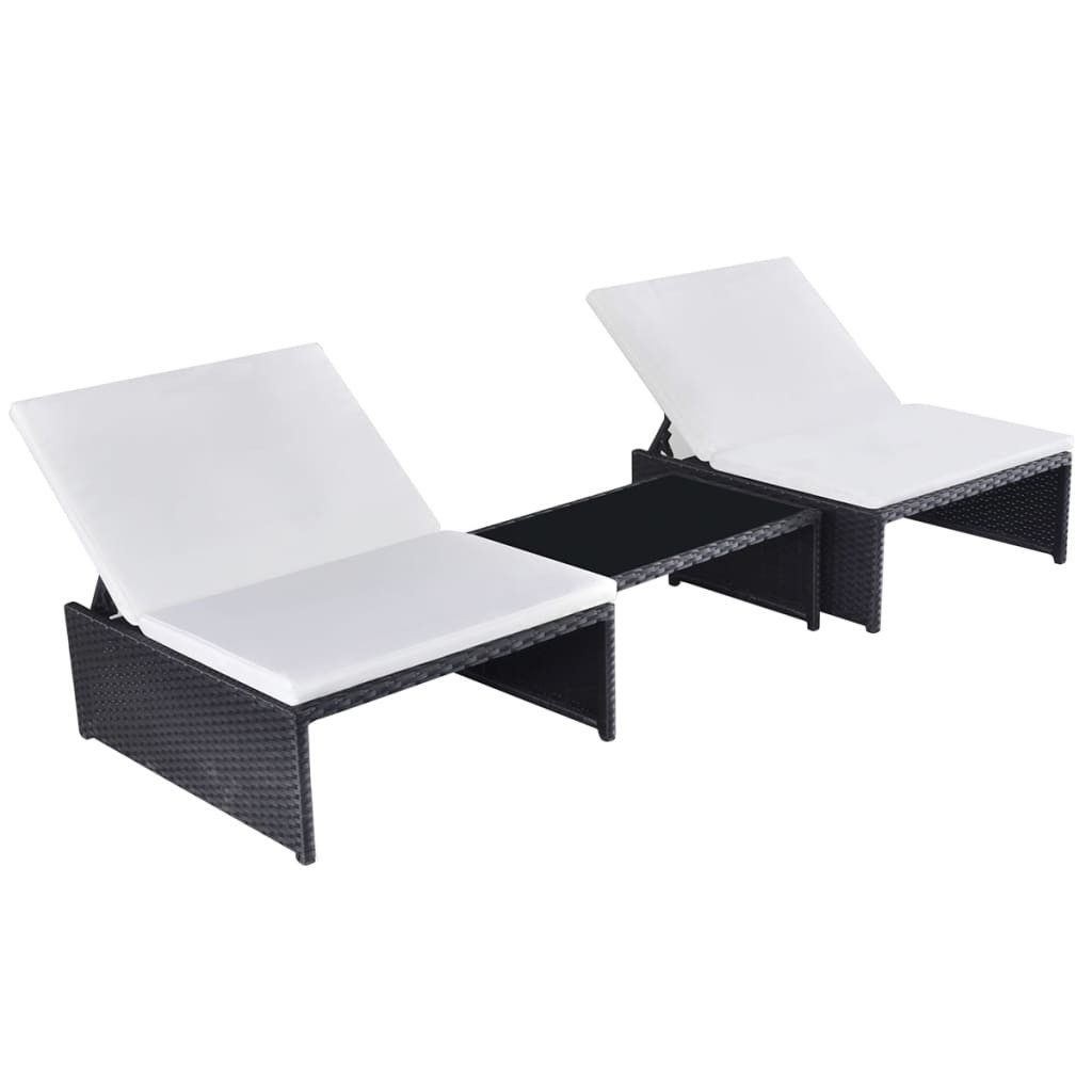 vidaXL Gartenliege Outdoor-Lehnstühle 2 Stk. mit Tisch Schwarz Poly-Rattan, 3 St.