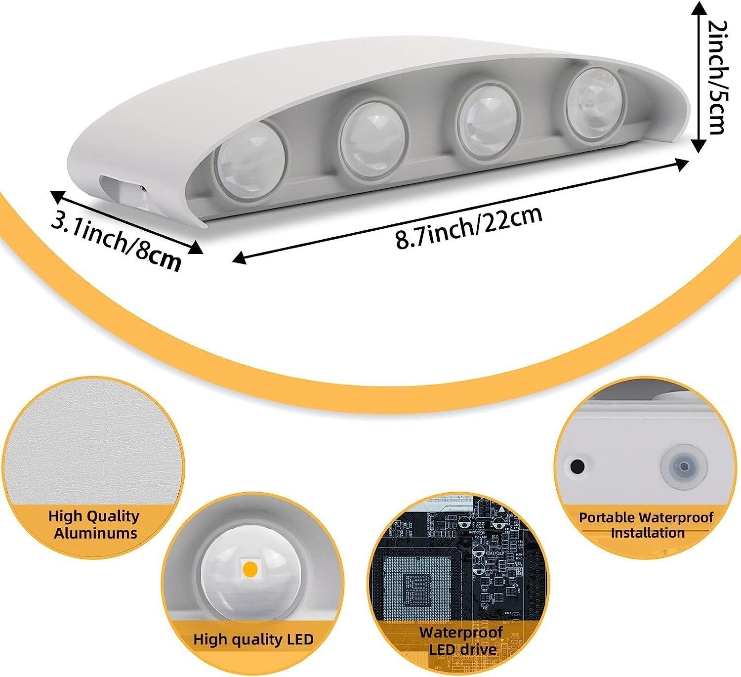 IP65, Wandleuchte Warmweiß, DOPWii fest Weiss integriert Innen, LED Up 8w Down Wandlampe, Aluminium