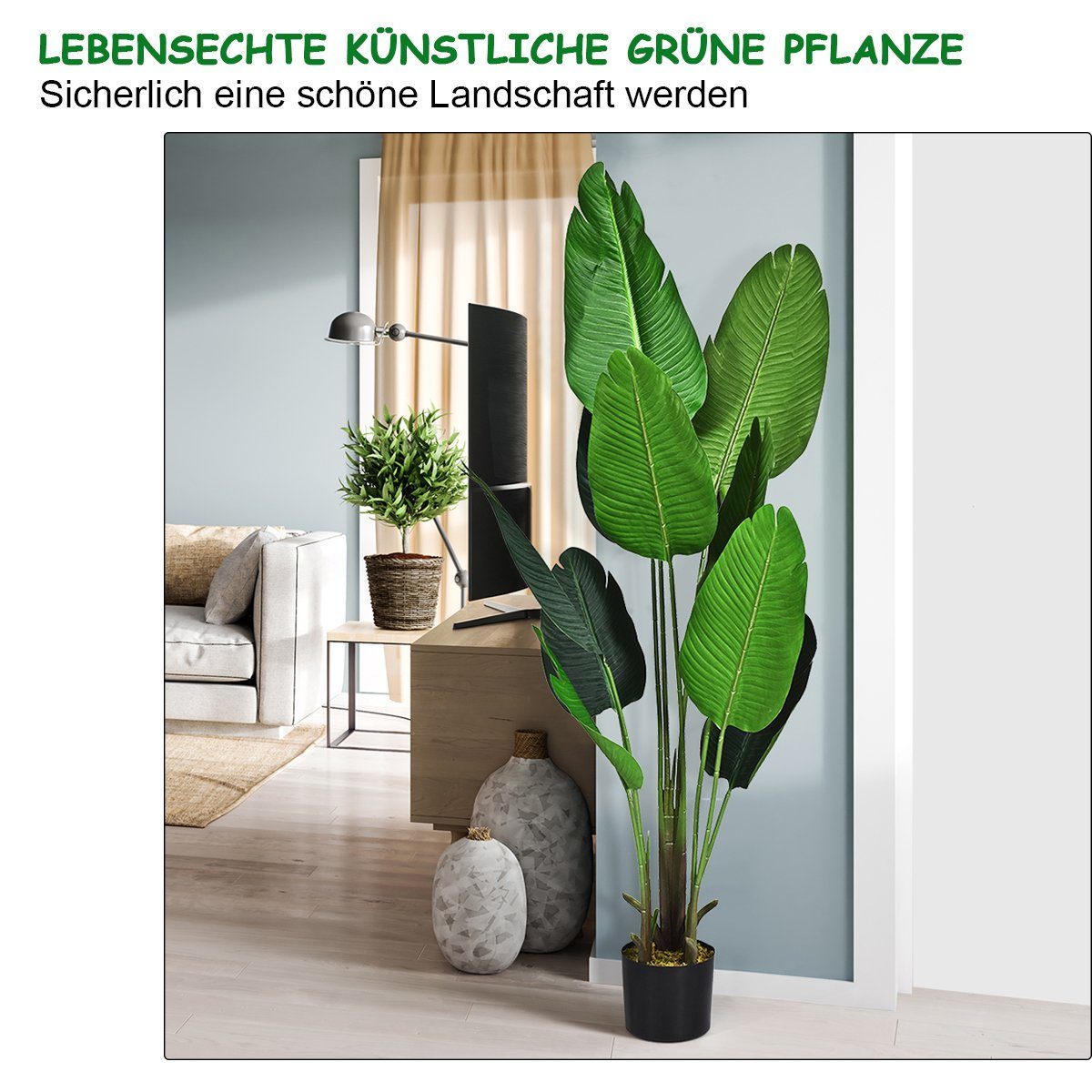 Kunstbaum, COSTWAY, Tropische Palme, mit Topf & 10 Blättern, 160cm